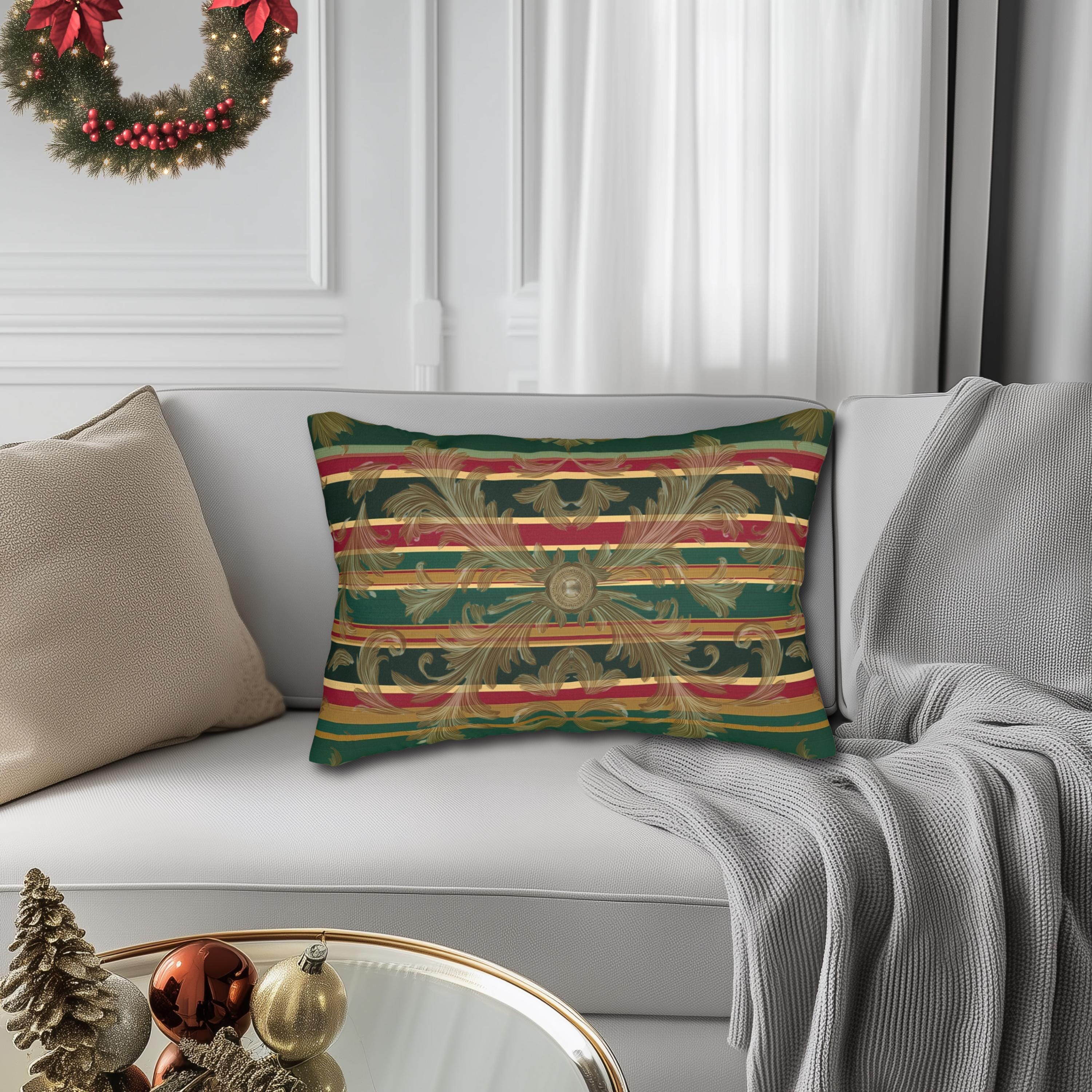 Gold Damask Christmas Lumbar Pillow: Emerald Tartan Bands and Medallion Accent