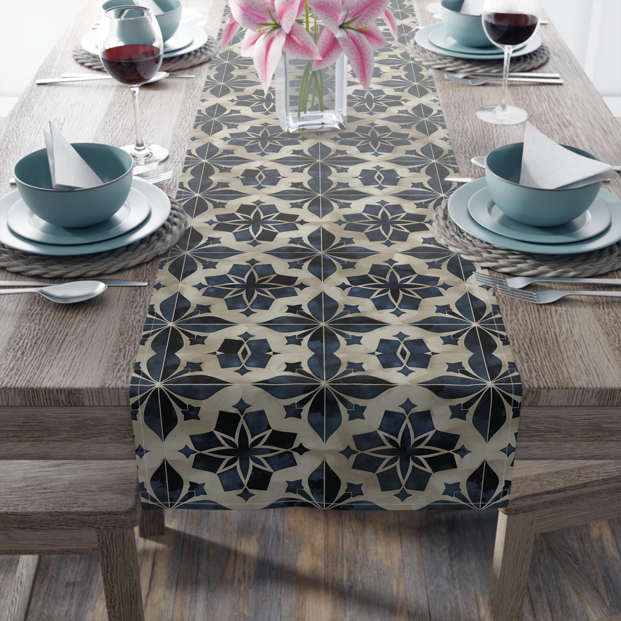 Moroccan Tile-Inspired Table Runner Geometric Pattern, Navy Blue Beige
