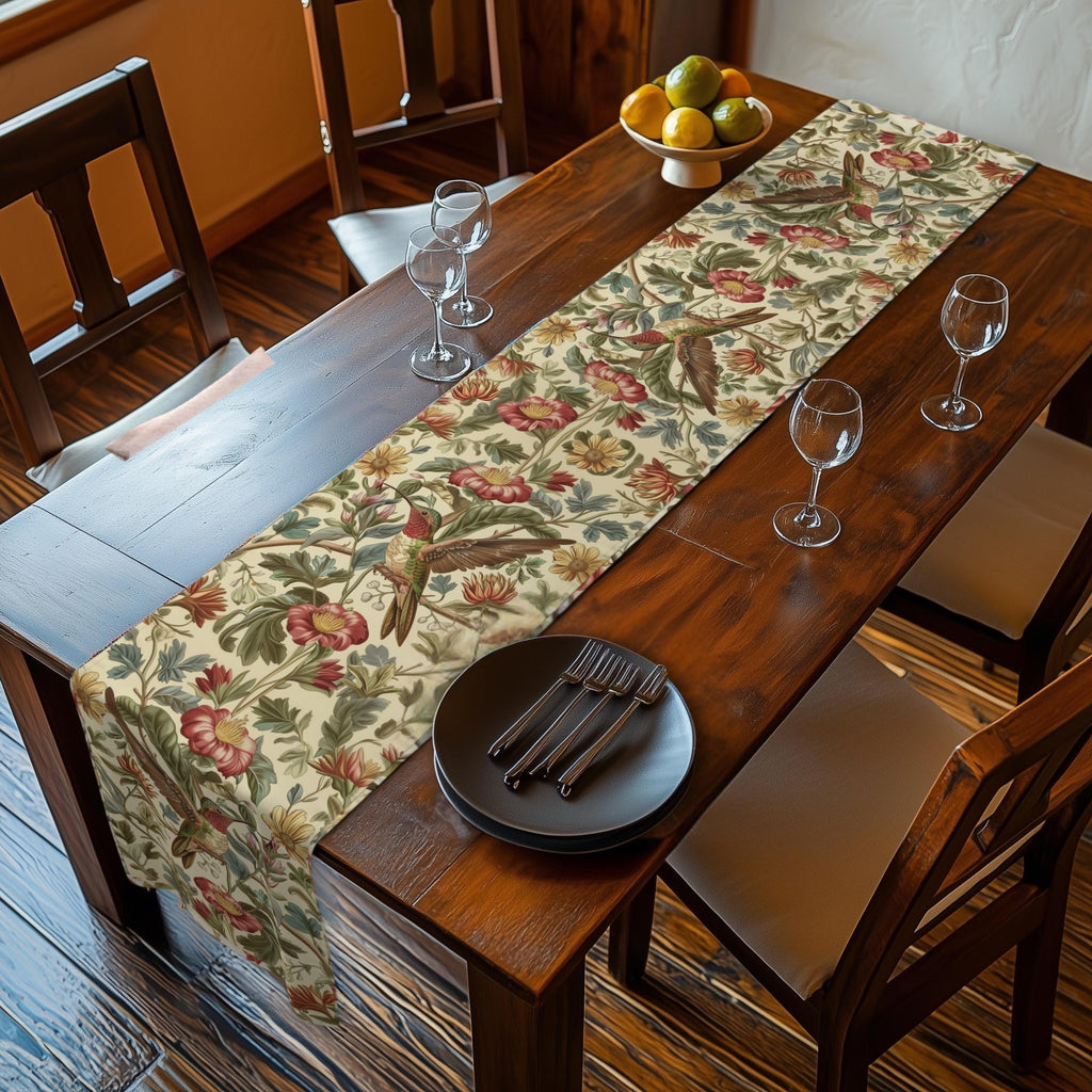 William Morris Table Runner: Vintage Style Botanical Hummingbird Floral Accent