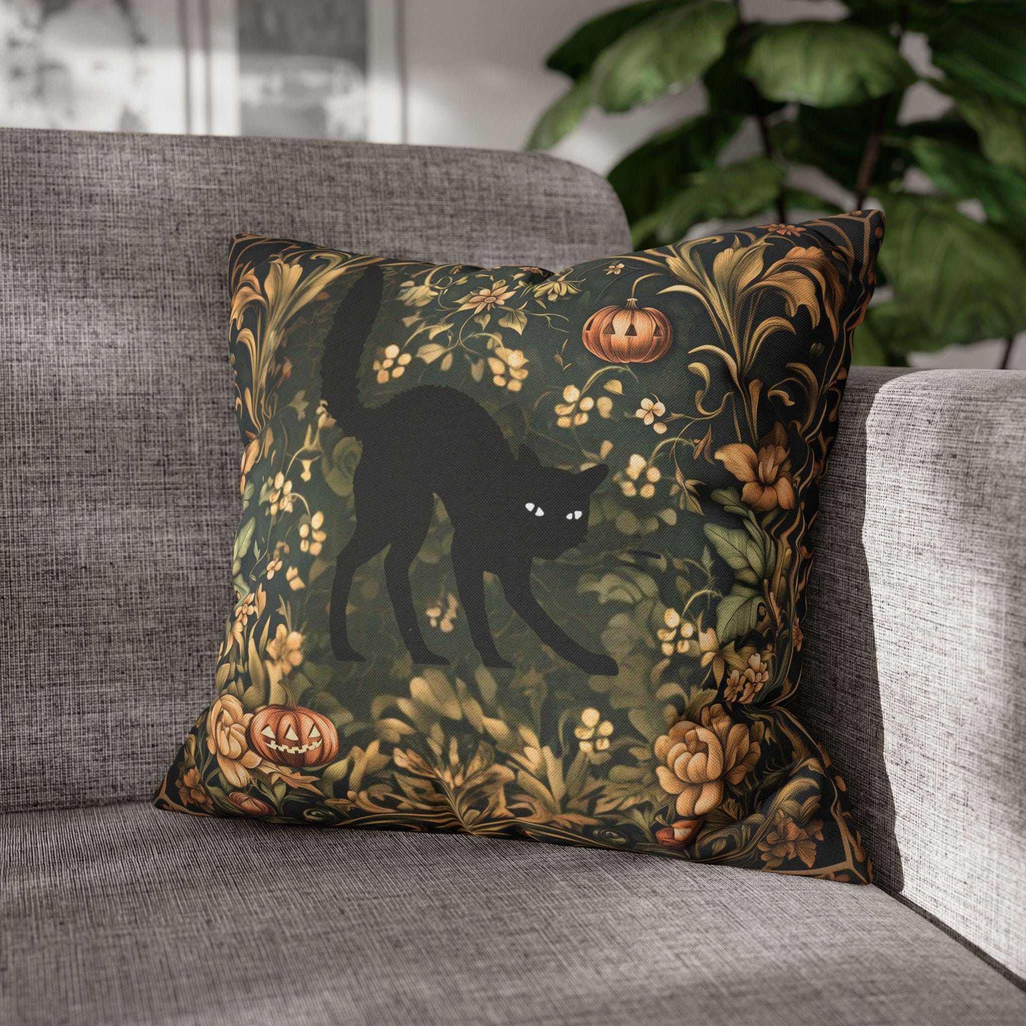 William Morris Inspired Fall Pillow Cover: Black Cat Halloween Botanical Decor