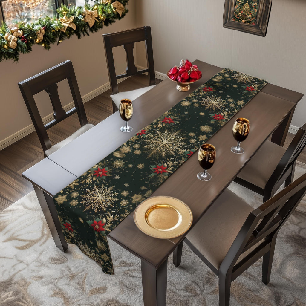Emerald Christmas Table Runner - Gold Snowflakes and Festive Poinsettias
