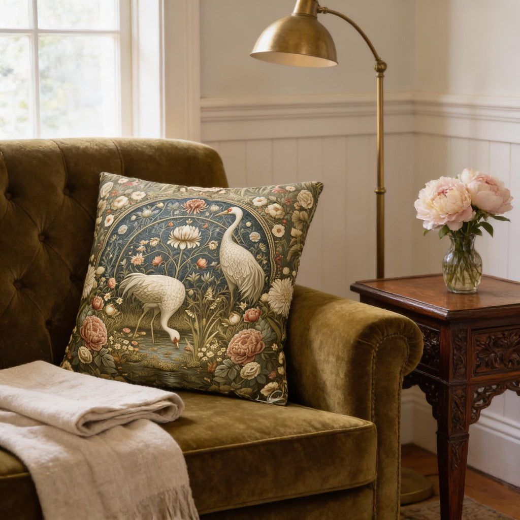 William Morris Style Throw Pillow Cover: Cranes and Marsh Botanicals