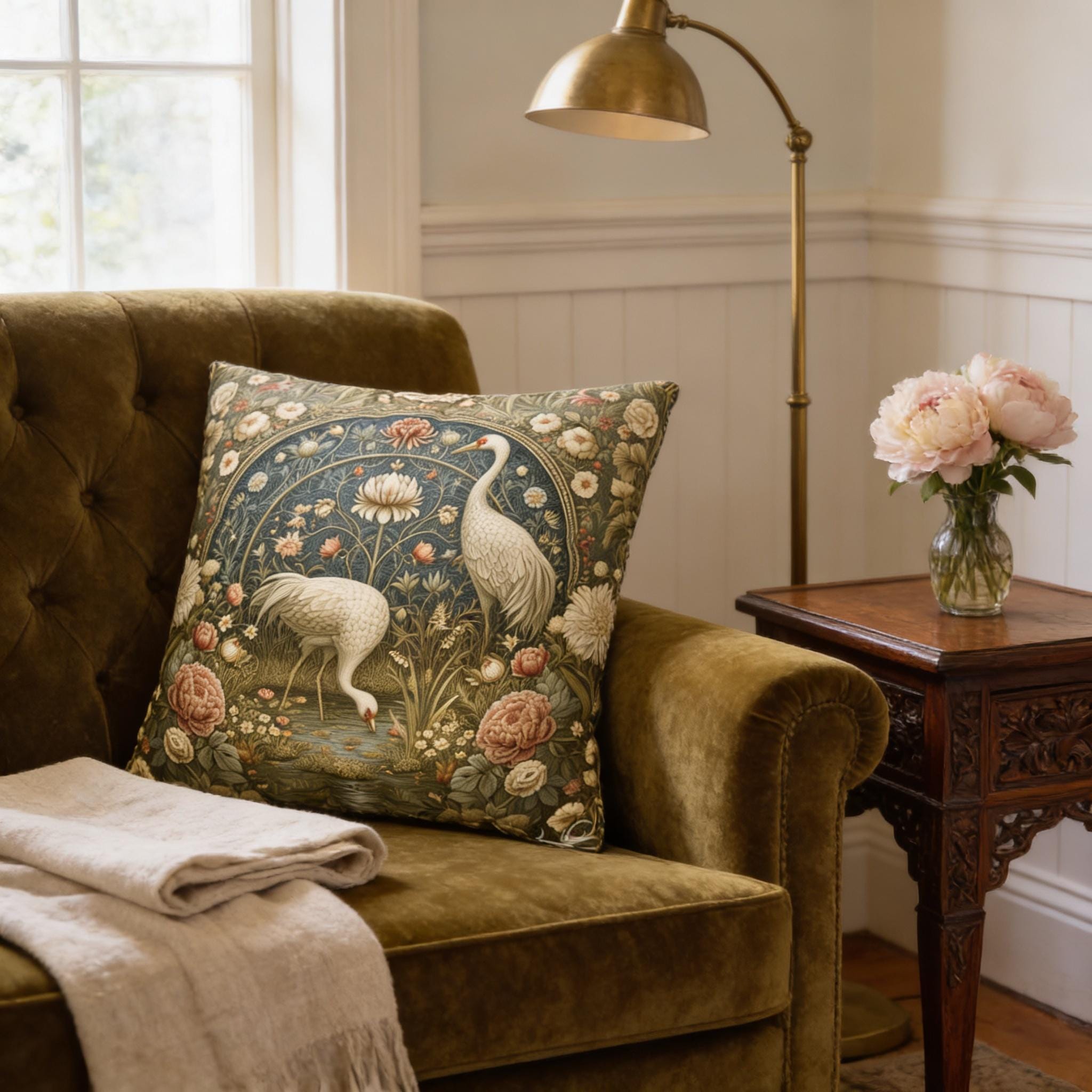 William Morris Style Throw Pillow Cover: Cranes and Marsh Botanicals