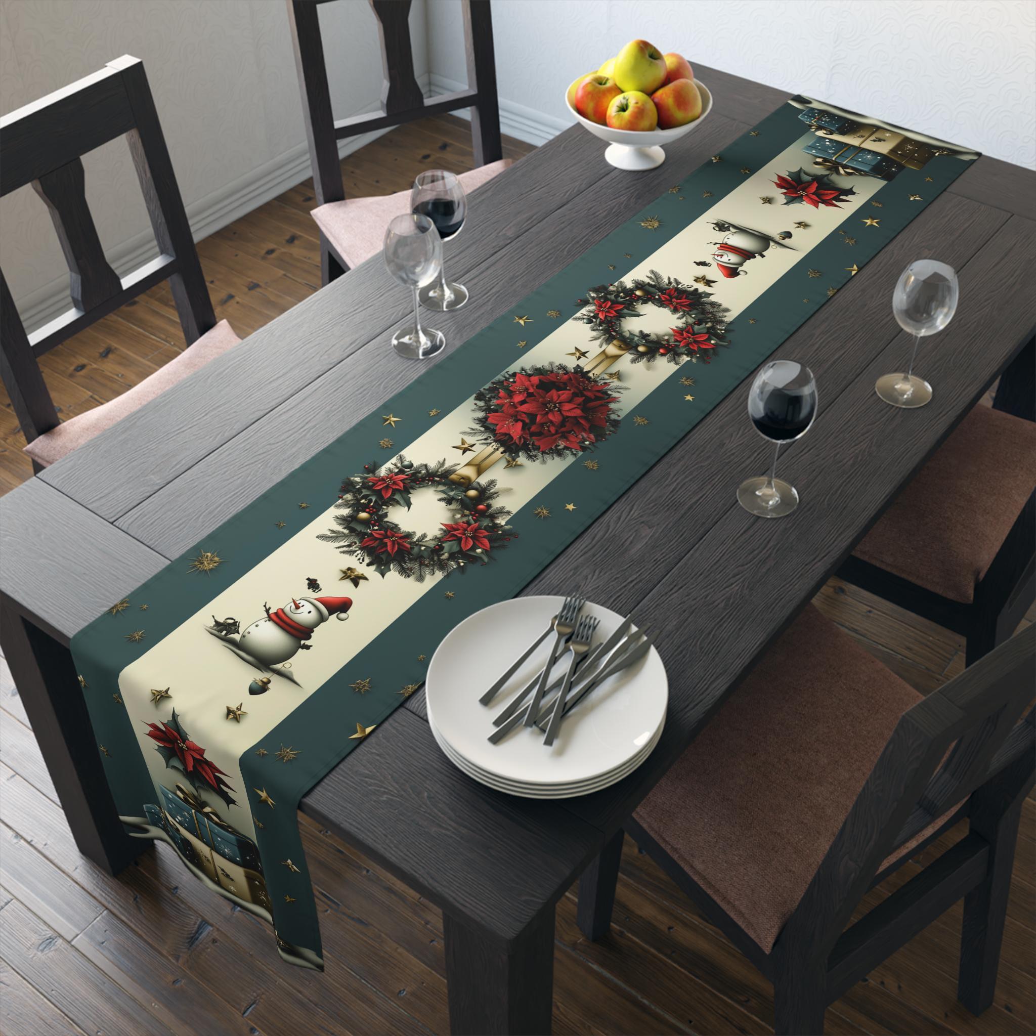 Vintage Nostalgia Christmas Table Runner: Snowman, Poinsettia & Wreaths on Deep Teal-Gray and Cream