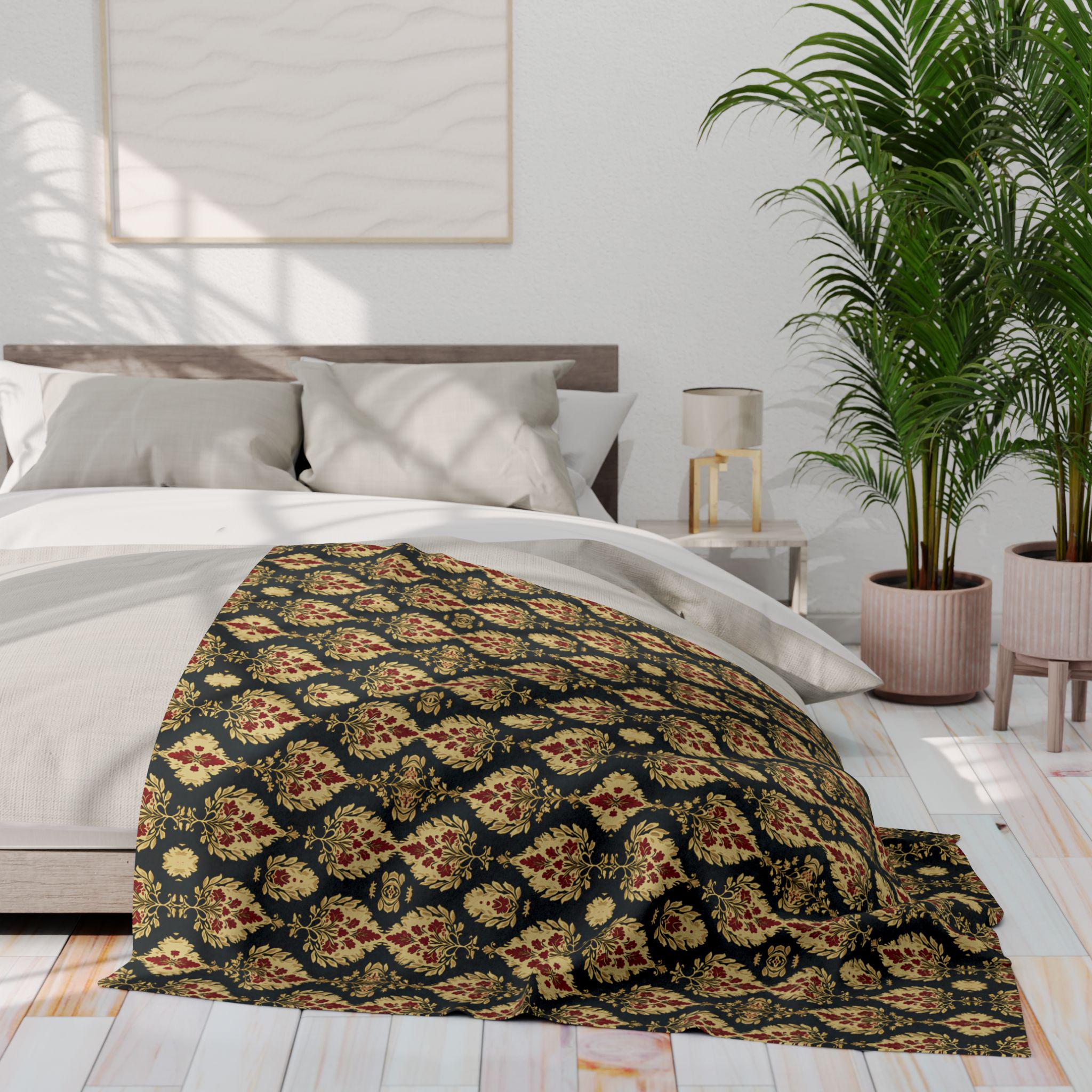 Ikat Fleece Throw Blanket, Red Green Gold Christmas Home Decor