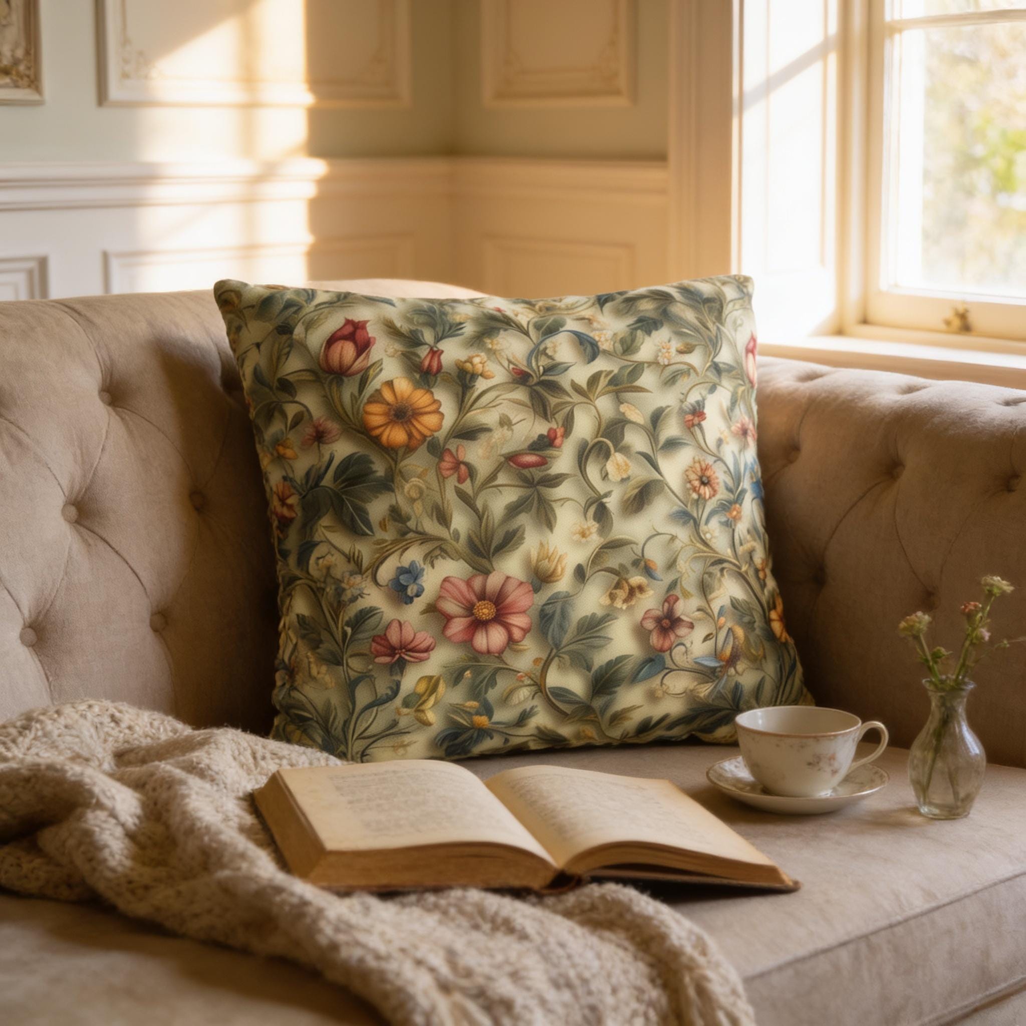 William Morris Botanical Tapestry Pillow Cover: Vintage Floral Garden Cushion for Cozy Home Decor