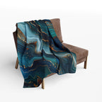 Ocean Waves Fleece Throw: Teal Navy & Gold Accent Blanket