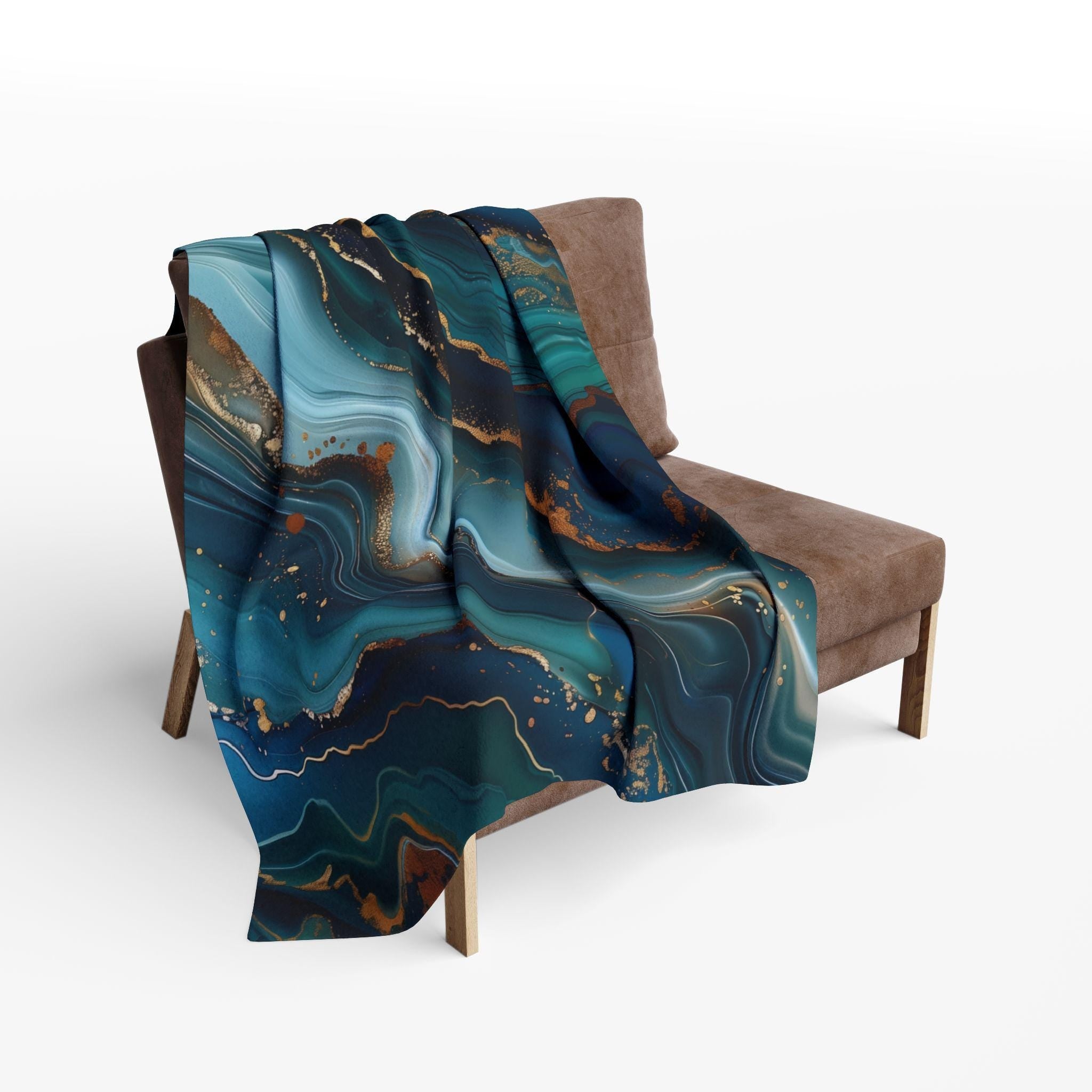 Ocean Waves Fleece Throw: Teal Navy & Gold Accent Blanket