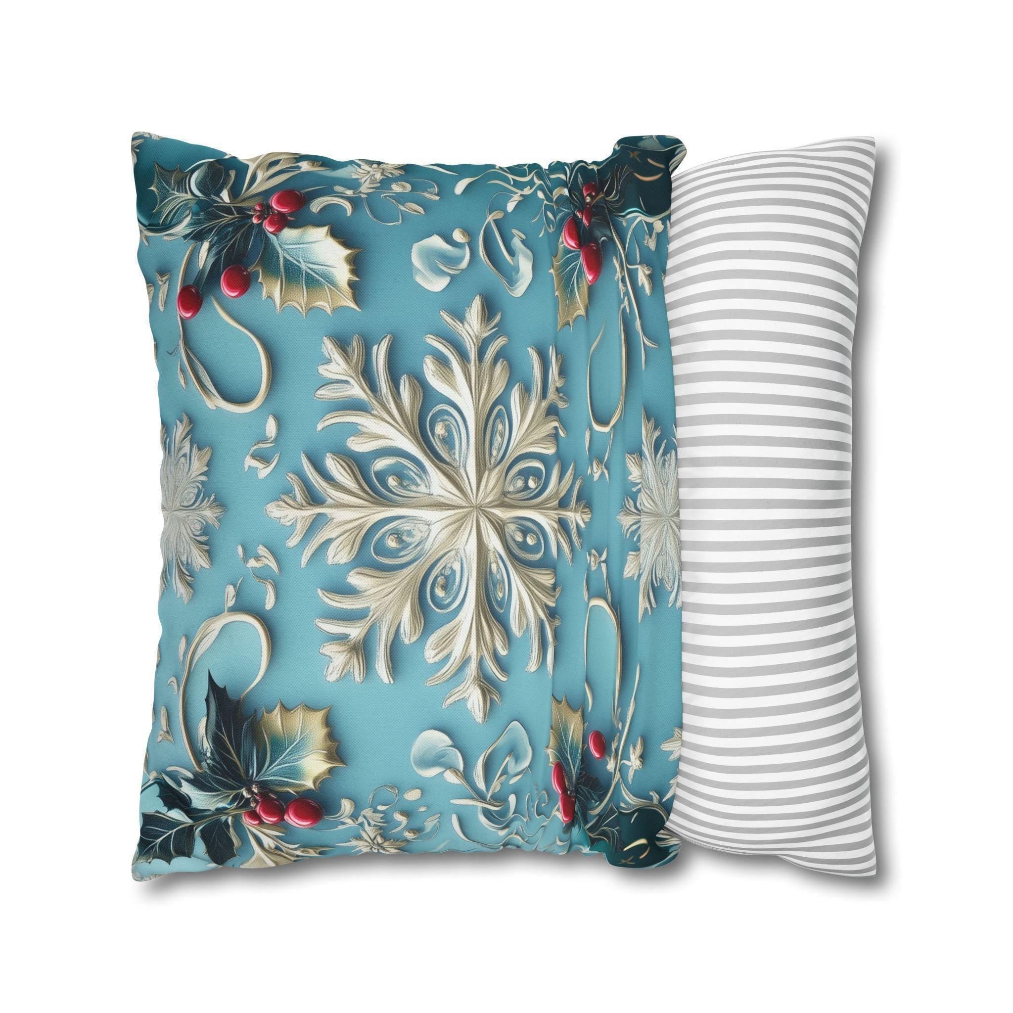 Snowflakes & Blue Christmas Pillow Cover Holly Leaves and Berries Design Gradient Blue Background