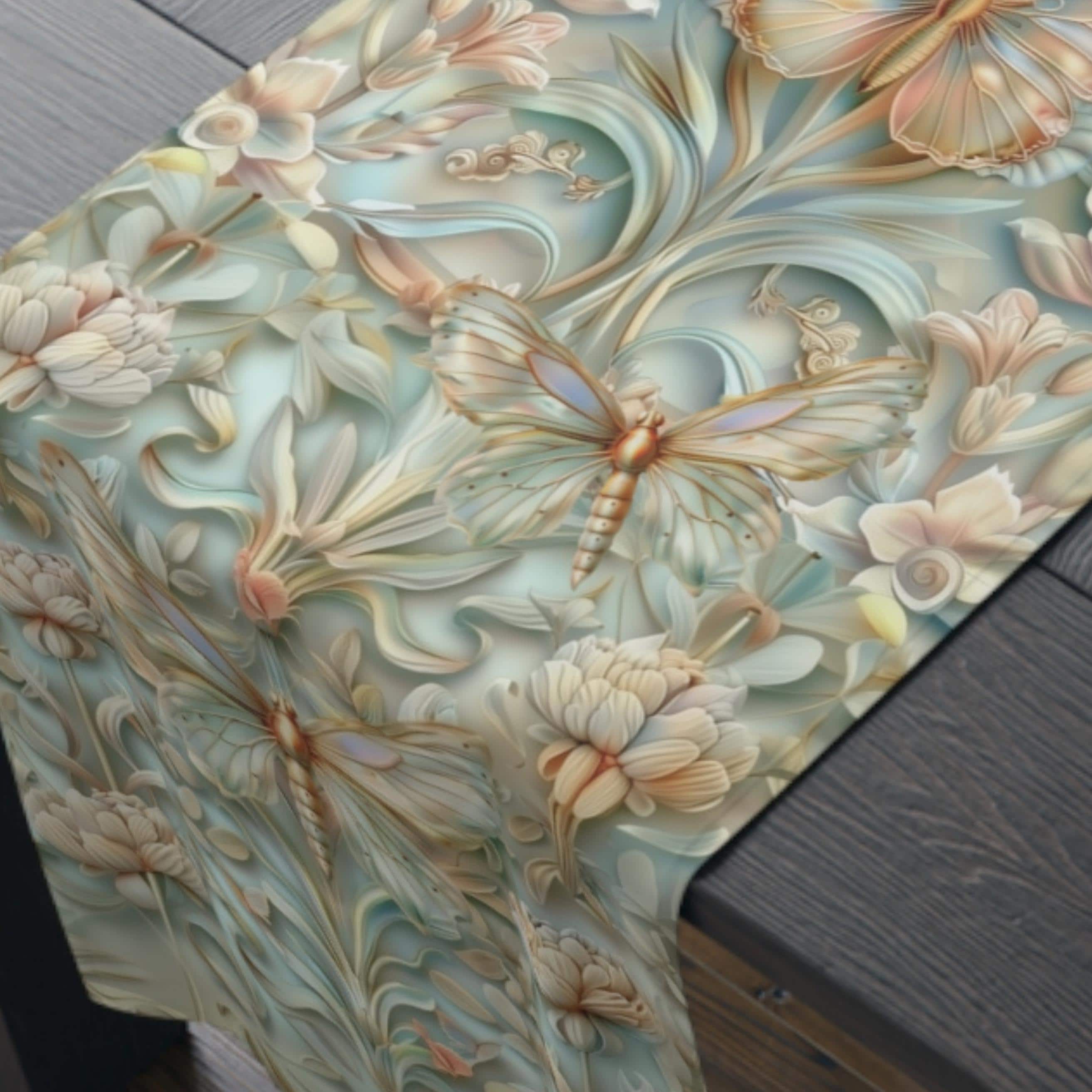 William Morris Table Runner: Celadon Aqua Pastel Floral Butterfly Design