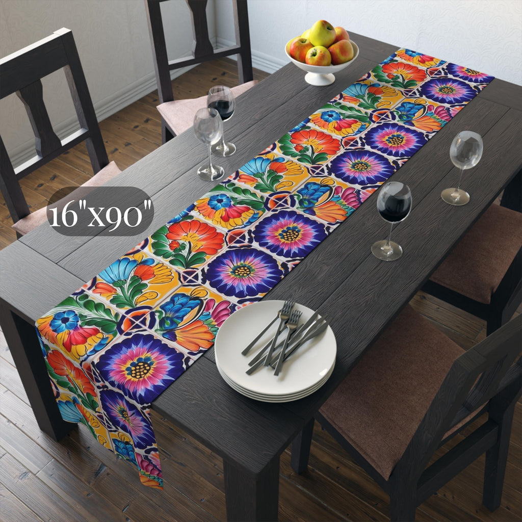 Mexican Table Runner: Colorful Floral Tile Pattern Celebrating the Artistry of Mexico