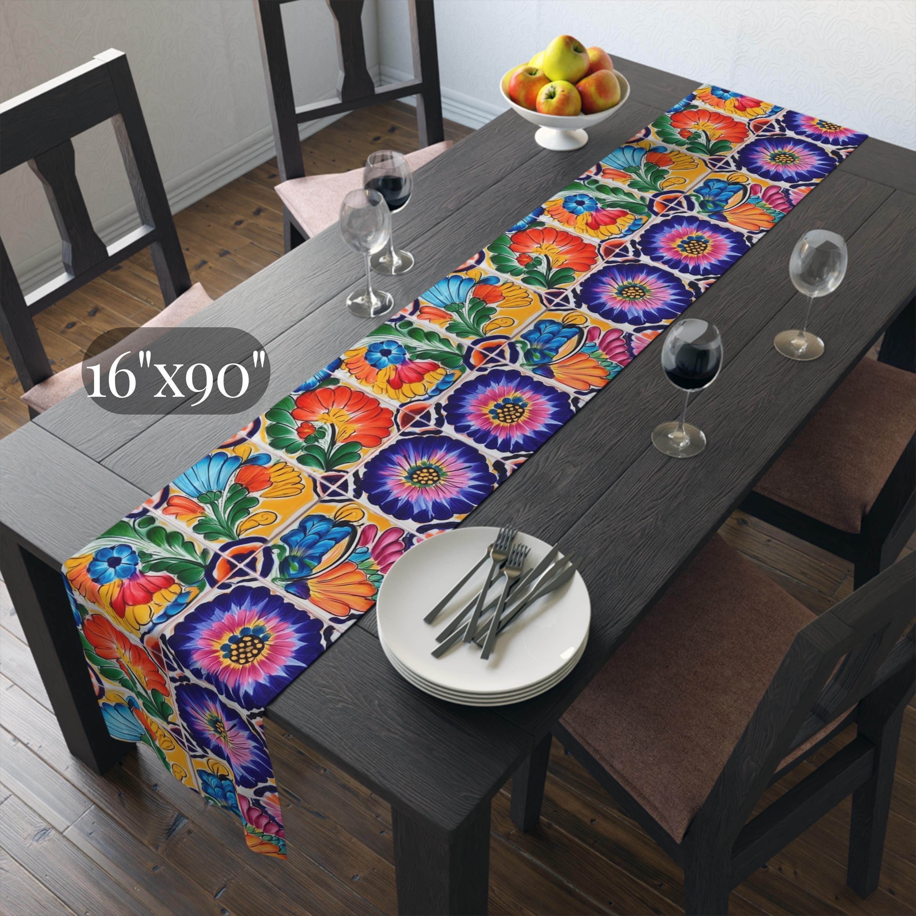 Mexican Table Runner: Colorful Floral Tile Pattern Celebrating the Artistry of Mexico