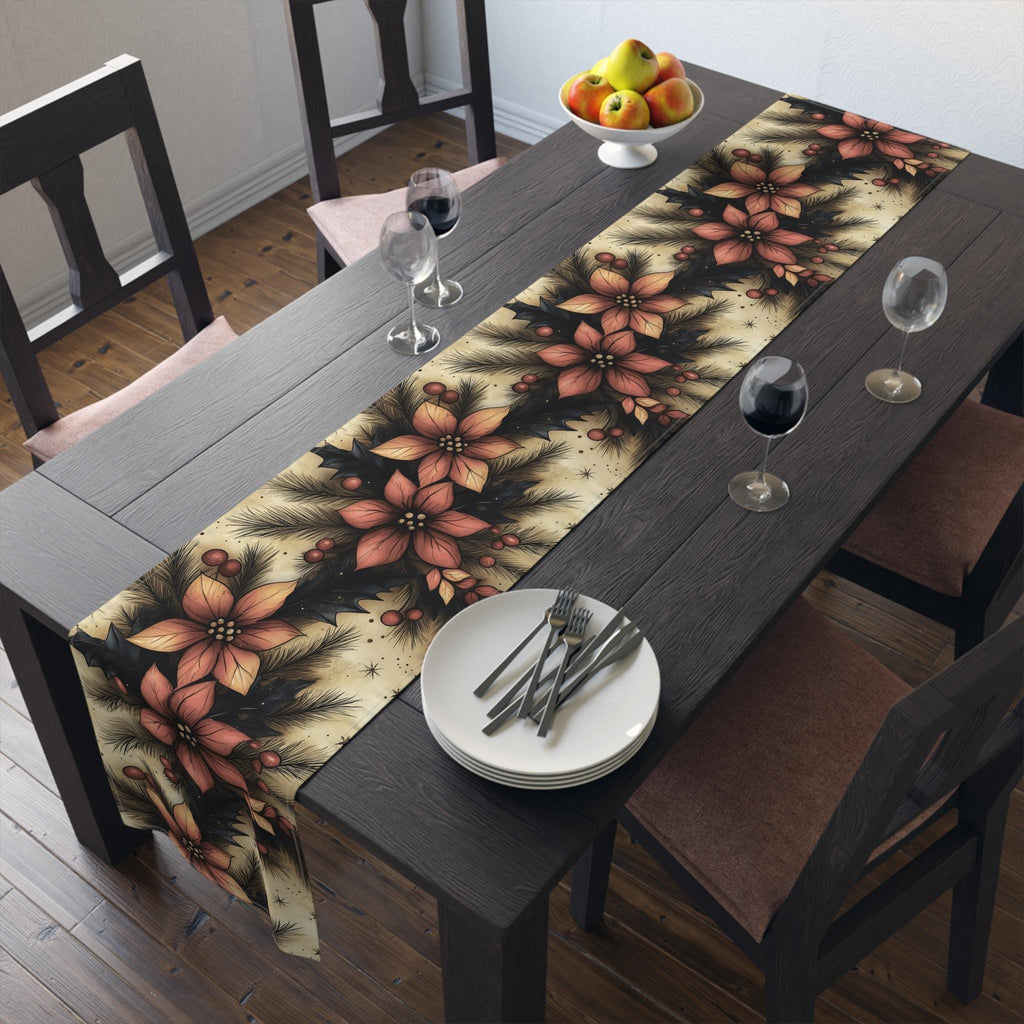 Christmas Poinsettia Table Runner Traditional Red and Green Holiday Festive Home Dining Table Decor