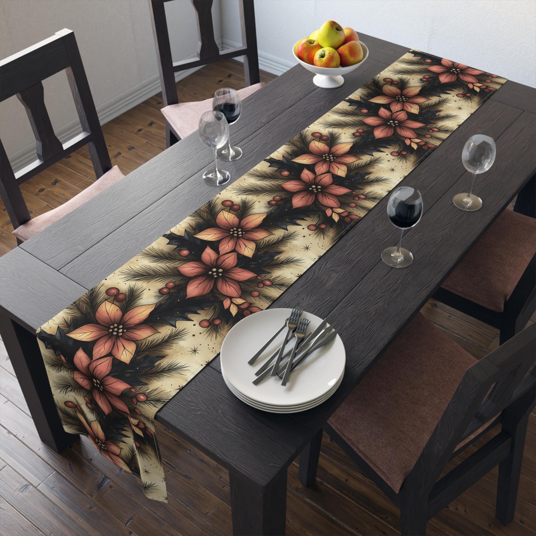 Christmas Poinsettia Table Runner Traditional Red and Green Holiday Festive Home Dining Table Decor