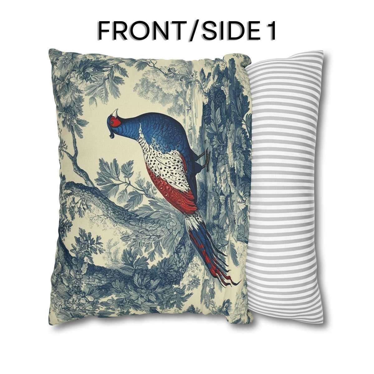 French Country Blue Pheasant Pillow Cover: Vintage Toile Bird and Botanical Design