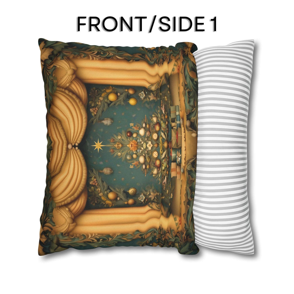 Vintage Art Nouveau Christmas Pillow Cover: Theatrical Tree, Golden Curtains, and Wrapped Gifts