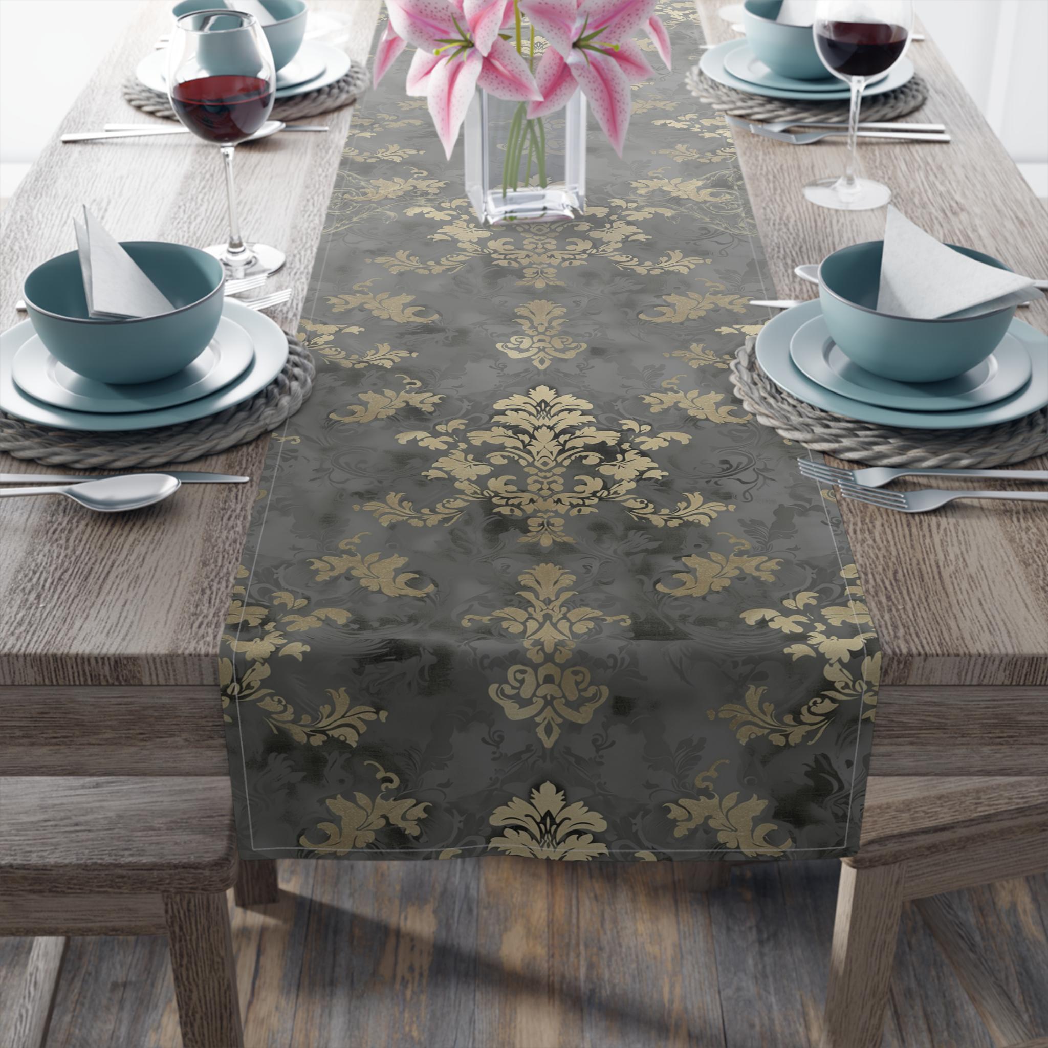 Elegant Damask Table Runner: Muted Gold Floral on Grey for Sophisticated Dining Room Decor