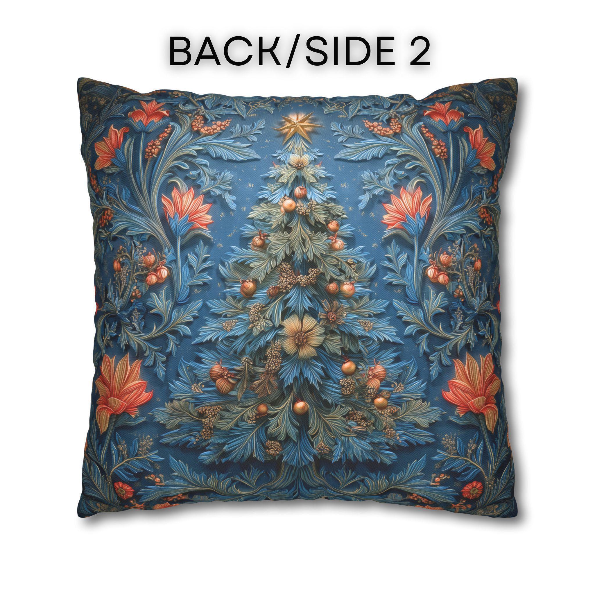William Morris Inspired Christmas Tree Pillow Cover: Vintage Floral Holiday Design in Navy & Copper