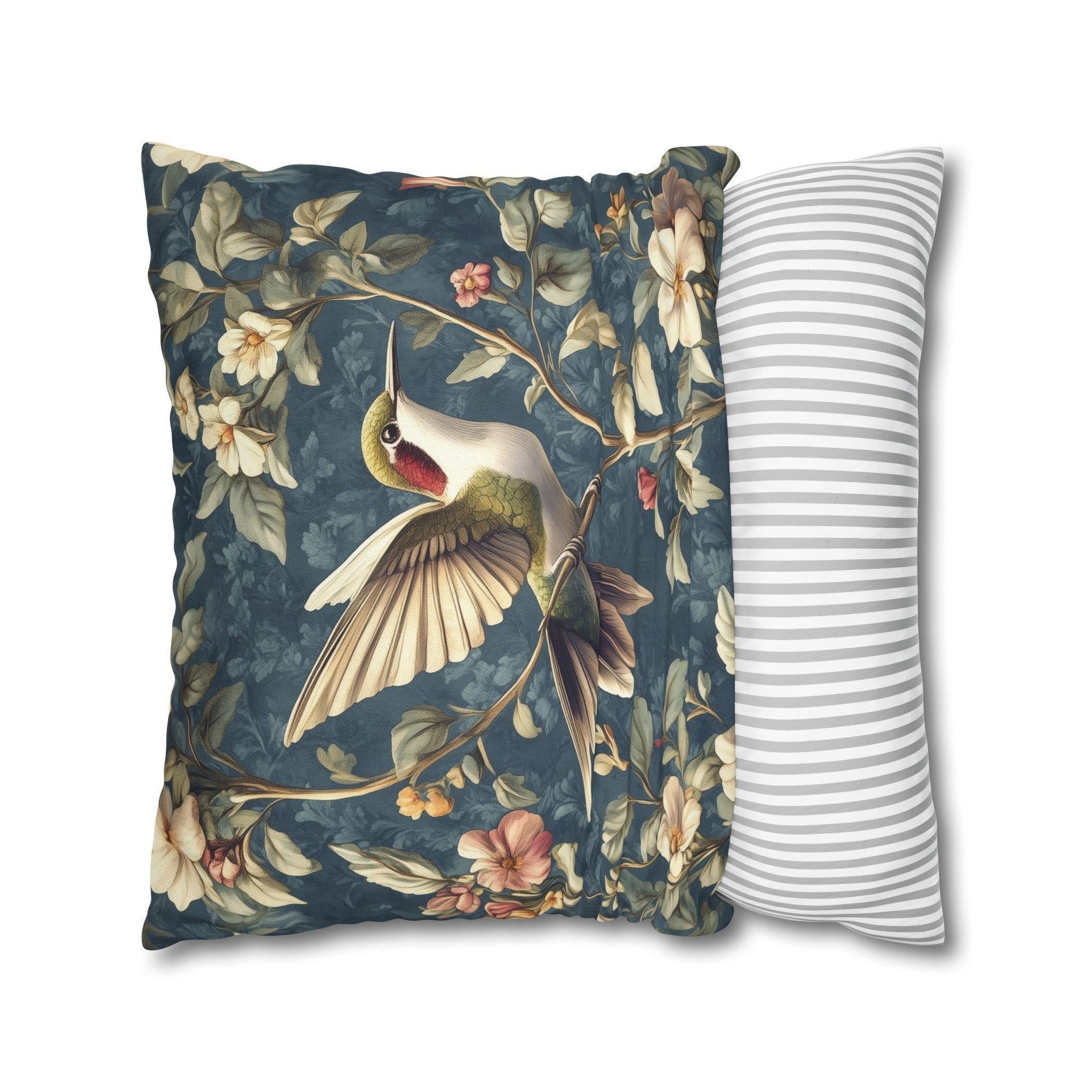 William Morris Inspired Hummingbird Pillow Cover: Vintage Floral Design with Botanical Elegance