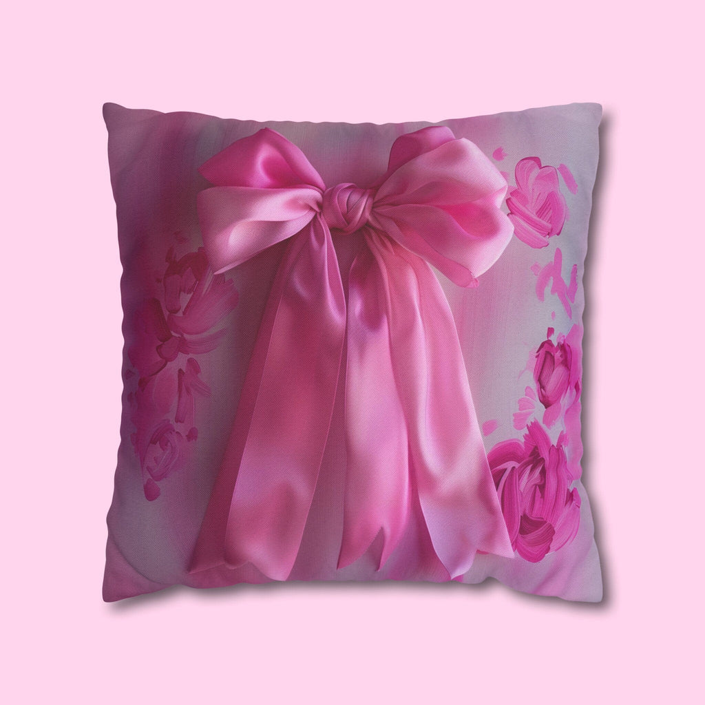 Romantic Coquette Pillow Cover: Pink Satin Bow Image & Floral Accents for Feminine Bedroom Decor