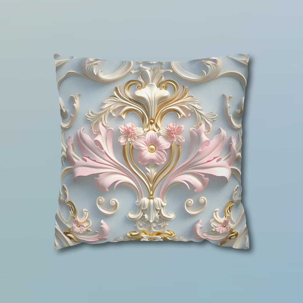 Rococo Pillow Cover: Pink Acanthus, Gold Motif, Blue-Grey Cushion