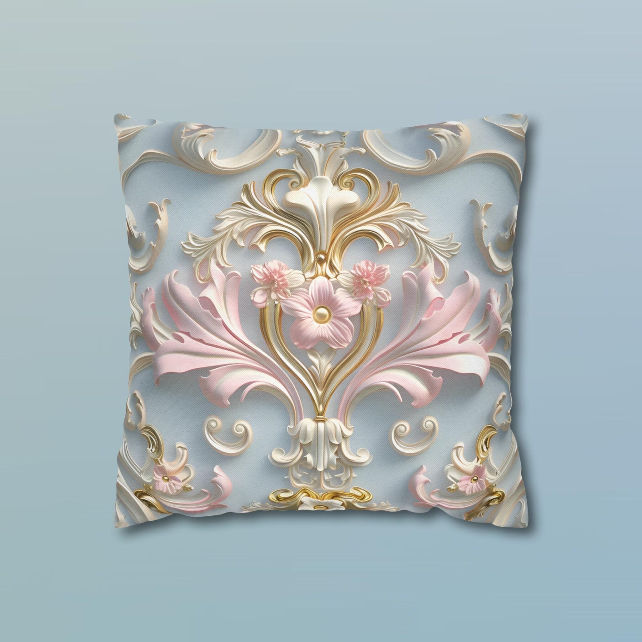 Rococo Pillow Cover: Pink Acanthus, Gold Motif, Blue-Grey Cushion