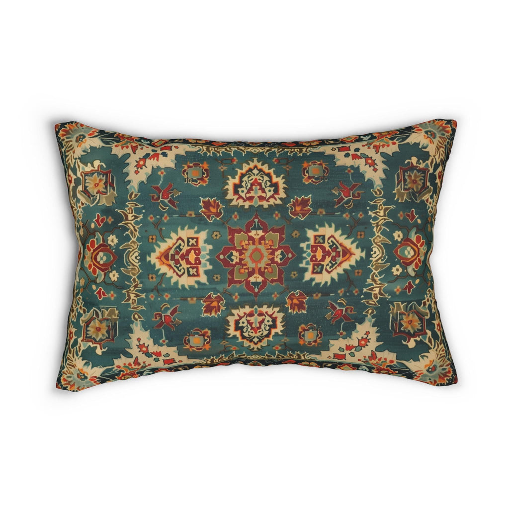 Turkish Rug-Inspired Lumbar Throw Pillow Traditional  Rich Medallion Pattern Deep Teal and Warm Red Square Cushion Cover