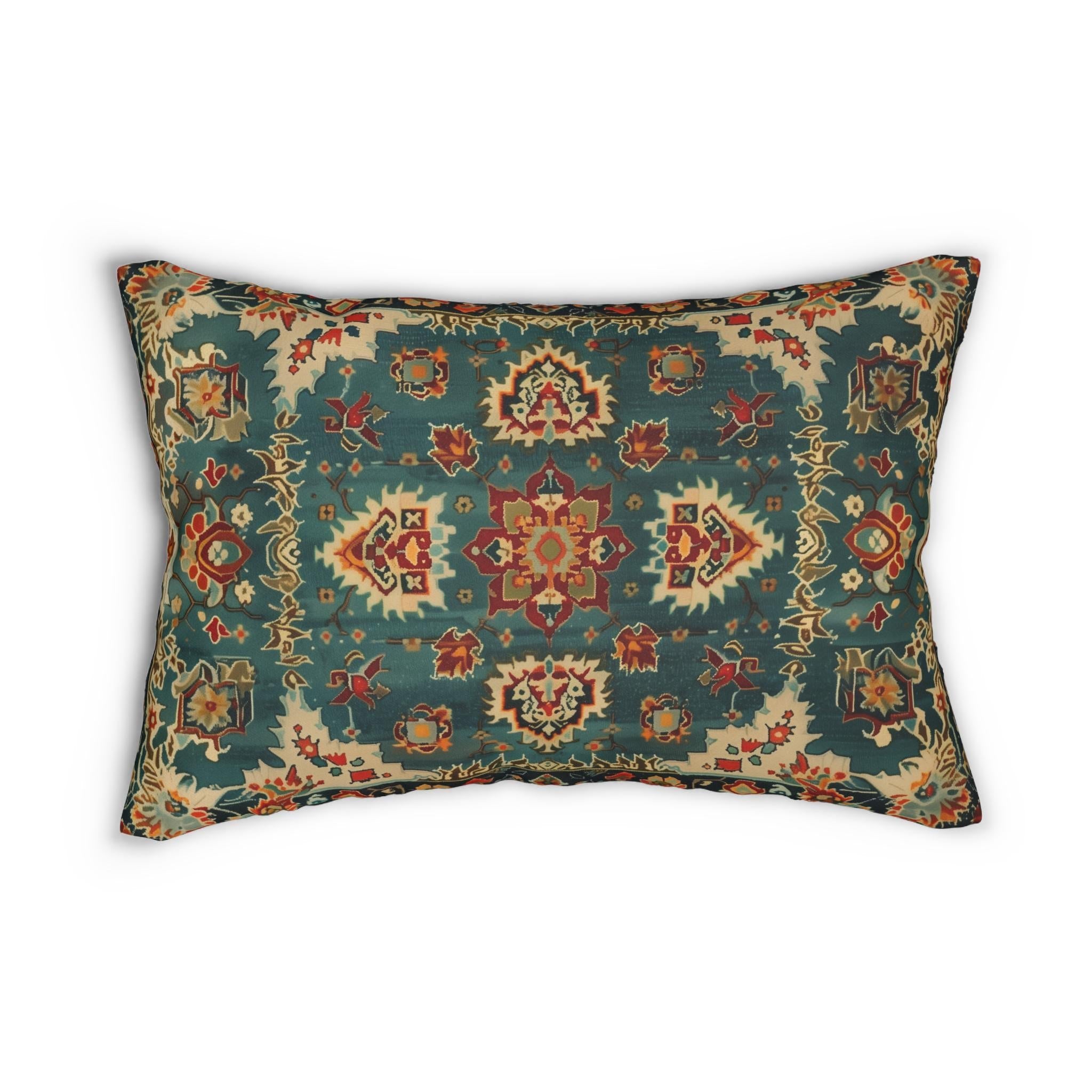 Turkish Rug-Inspired Lumbar Throw Pillow Traditional  Rich Medallion Pattern Deep Teal and Warm Red Square Cushion Cover
