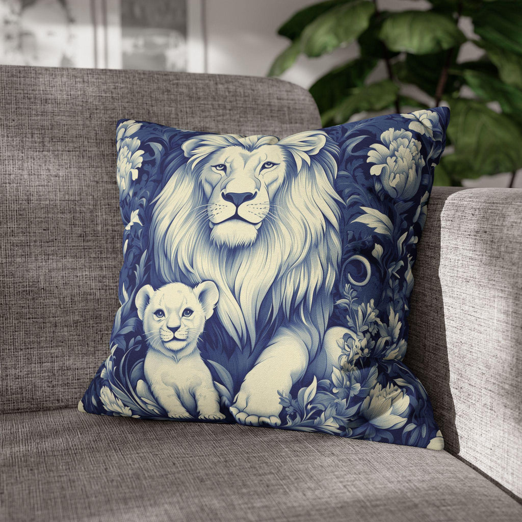 William Morris Inspired Lion Pillow Cover: Blue & White Floral Jungle Motif Decorative Cushion Case