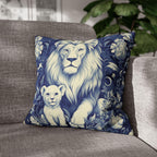 William Morris Inspired Lion Pillow Cover: Blue & White Floral Jungle Motif Decorative Cushion Case