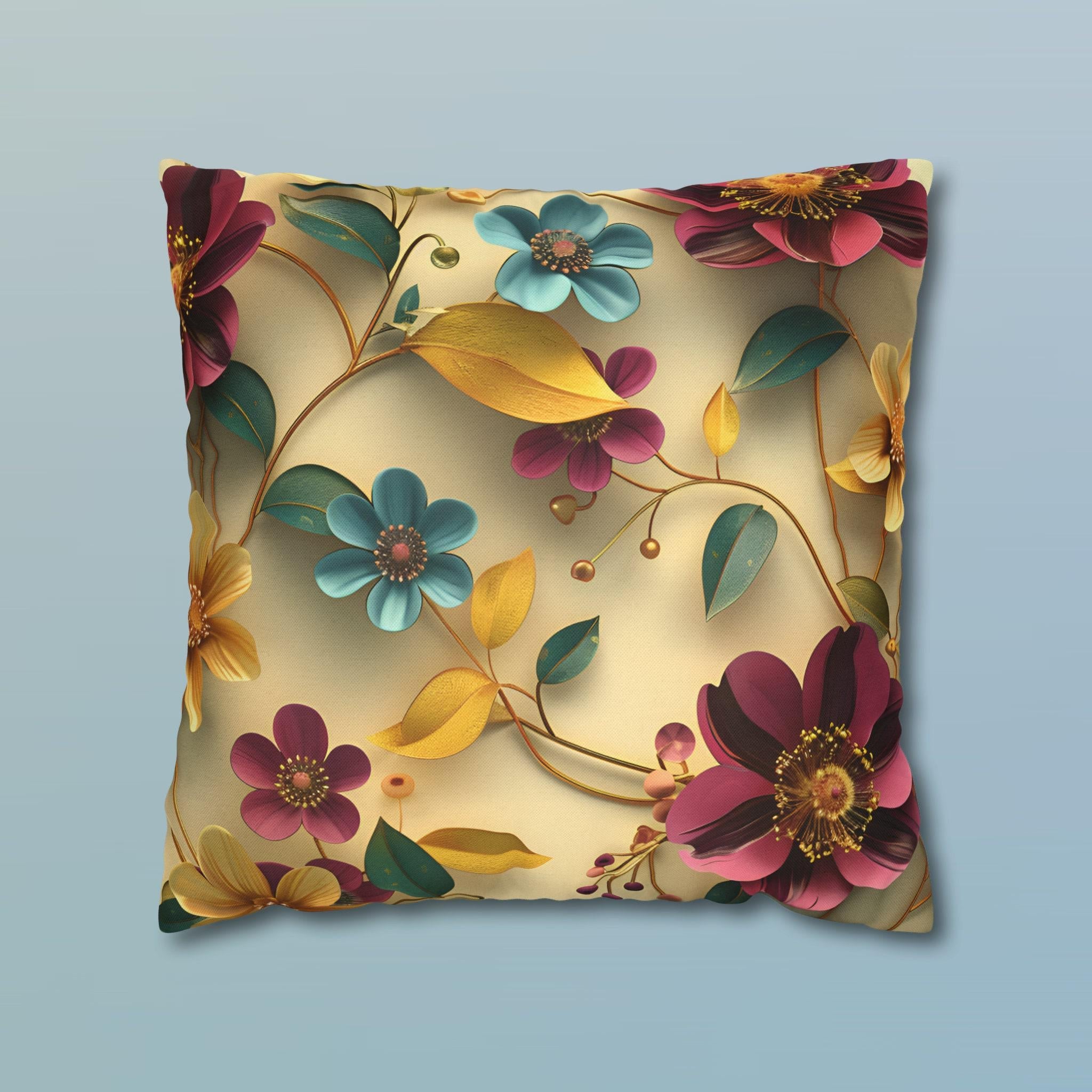 Botanical Floral Square Throw Pillow Cover: Teal, Marigold, Plum on Warm Beige Cushion Case