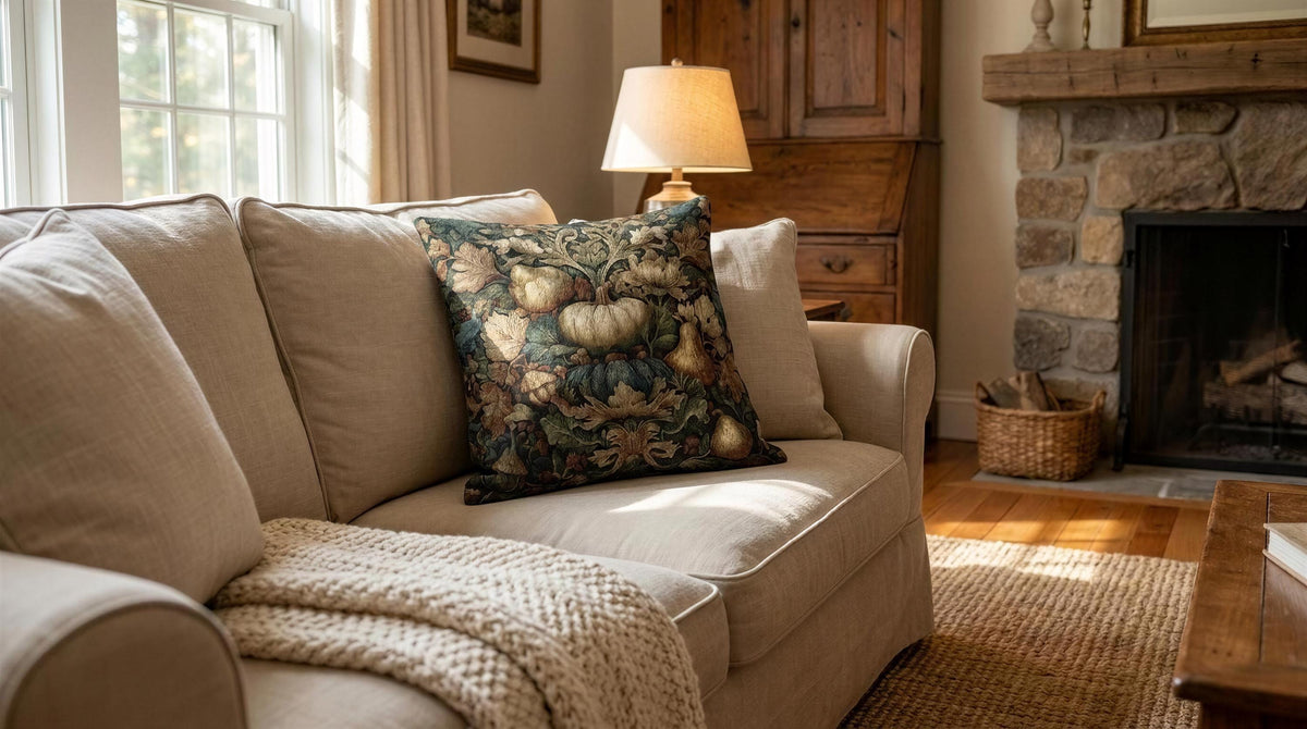 William Morris Inspired Woven Pumpkin Pillow, Autumn Harvest Tapestry Throw