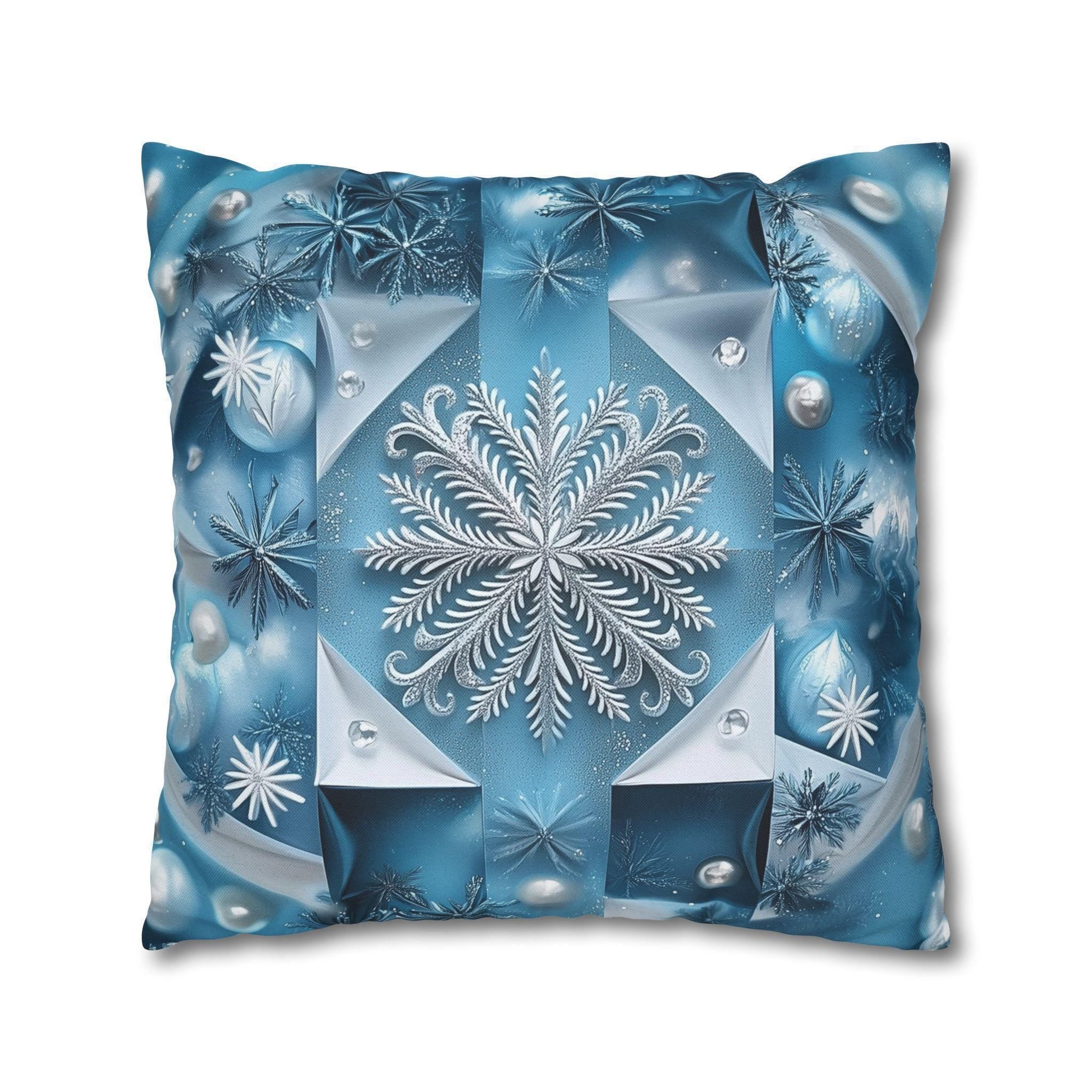 Icy Blue Frozen Snowflake Pillow Cover, with Silver & White Winter Home Decor Pillowcase