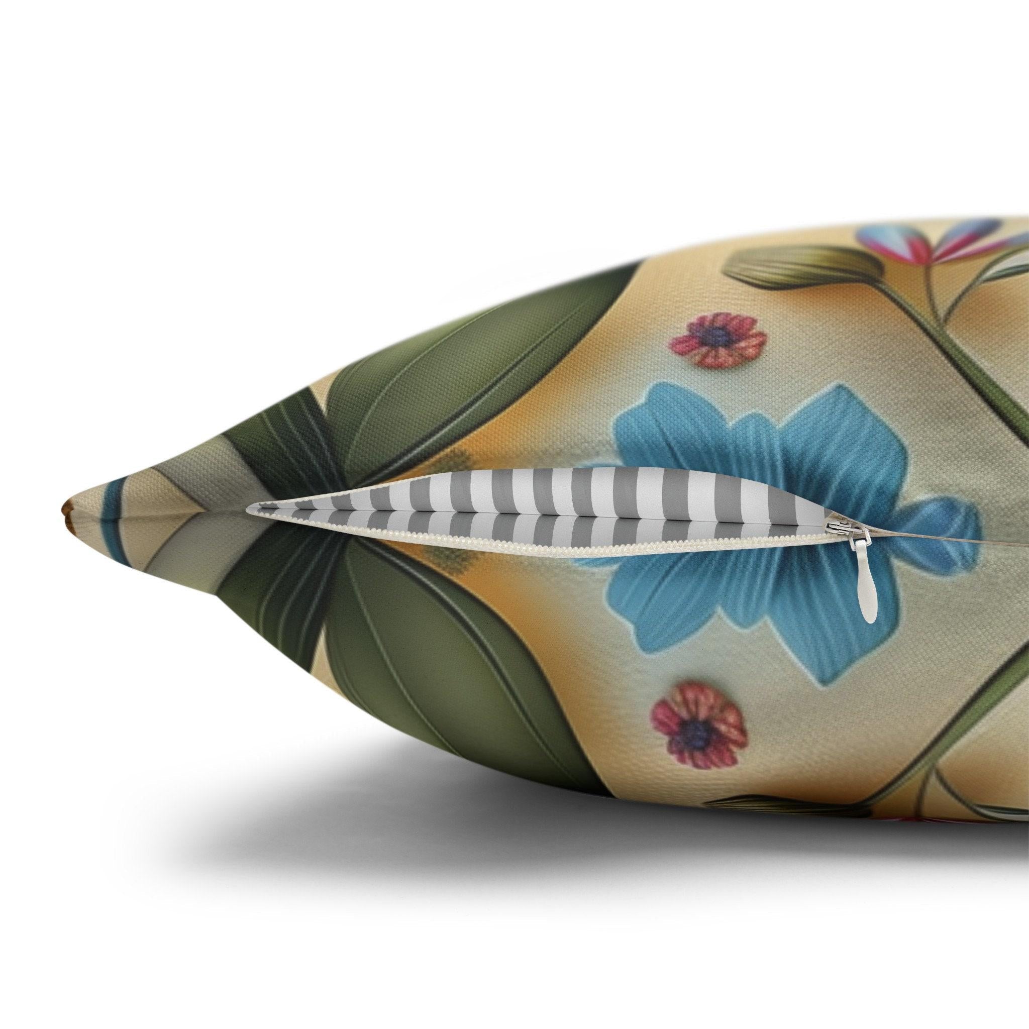Elegant Cottagecore Wildflower Pillow Cover: Blue, Yellow & Green Floral on Beige - Housewarming Gift