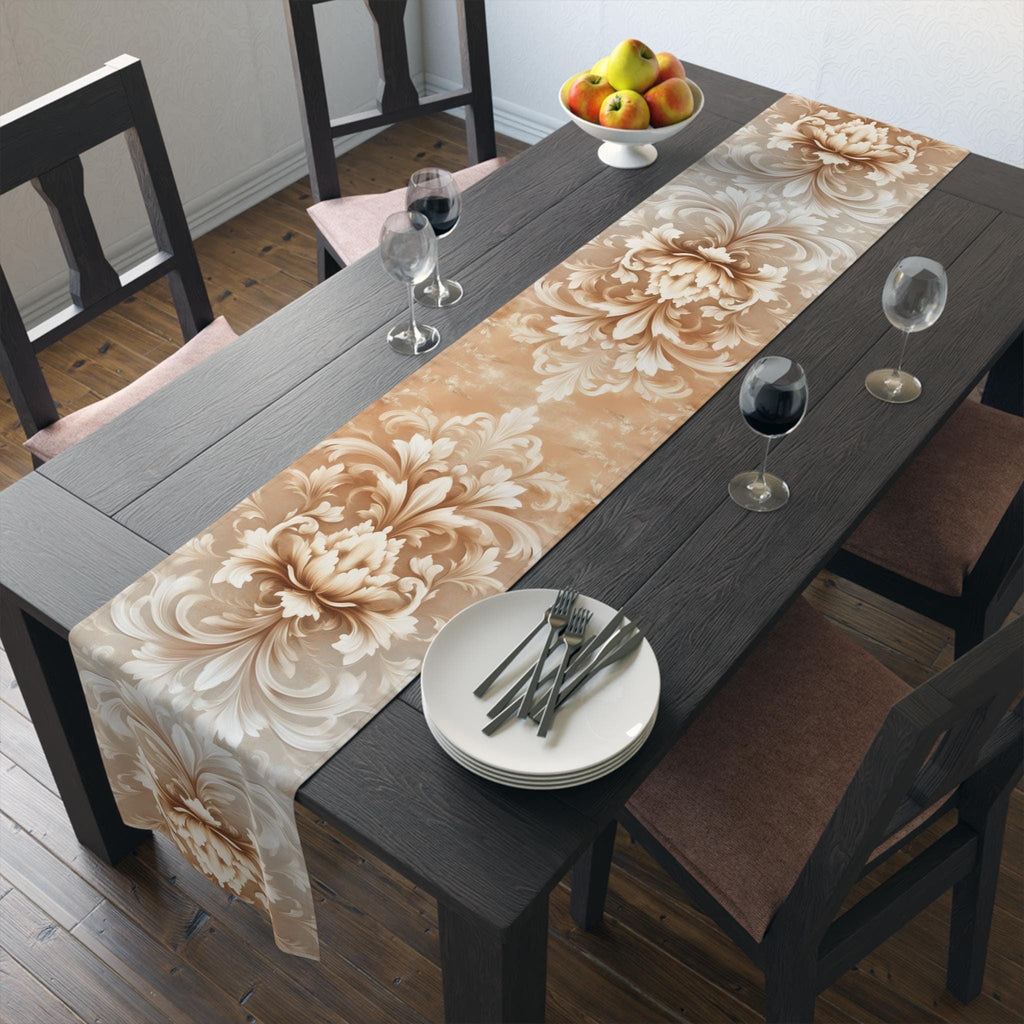 Elegant Damask Floral Table Runner: Ivory-Beige-Caramel Gradient, Luxury Home Decor Accent