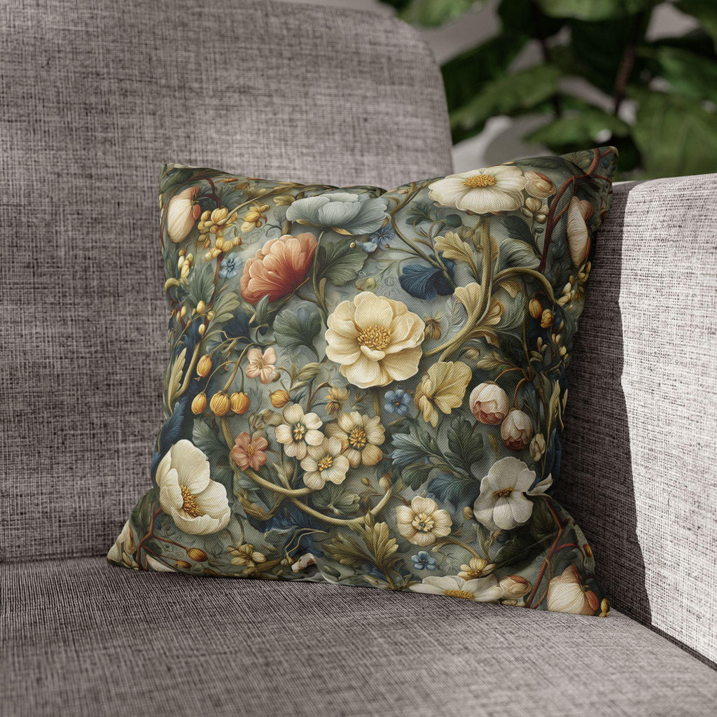 Vintage Style Meadow Garden Pillow Cover: Soft Sage Ivory & Lilac Botanical Floral