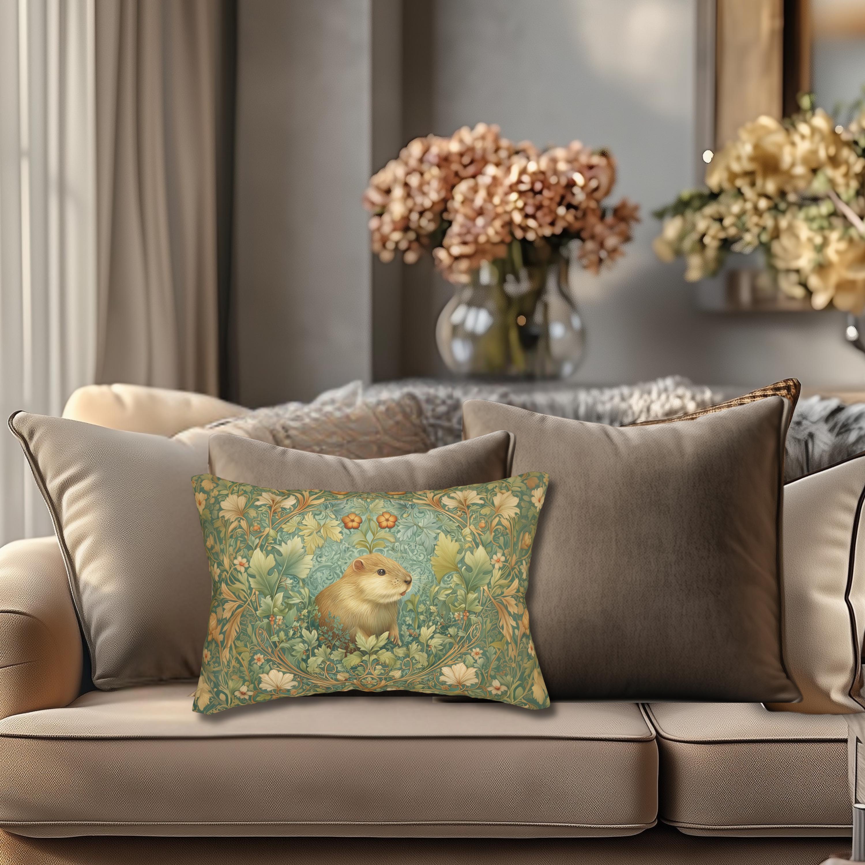 Beaver Lumbar Pillow: William Morris Inspired Woodland Nature Cushion