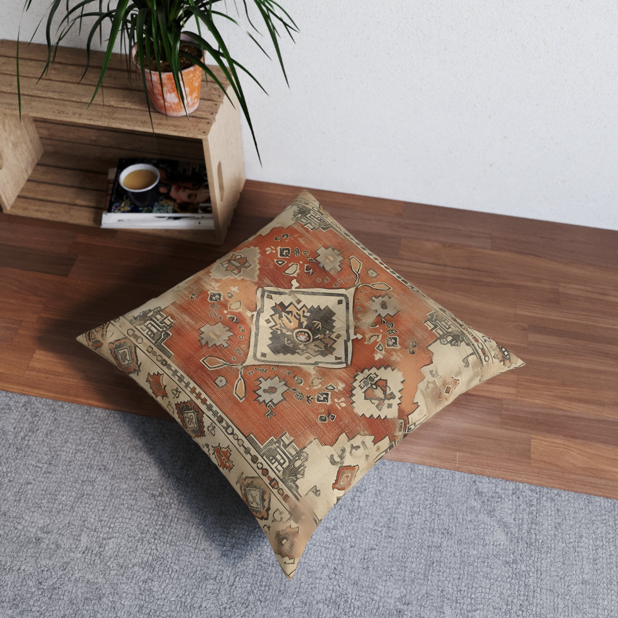 Persian Tribal Diamond Medallion Tufted Floor Cushion - Antique Tapestry Design Earth Tone Seating