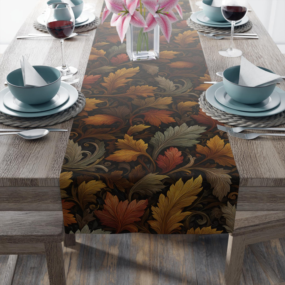 Fall Table Runner: Autumn Leaves Stylized Earth Tone Design for Dining Decor