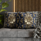 Luxurious Baroque Floral Pillow Cover: Deep Blue with Pale Gold Symmetrical Design