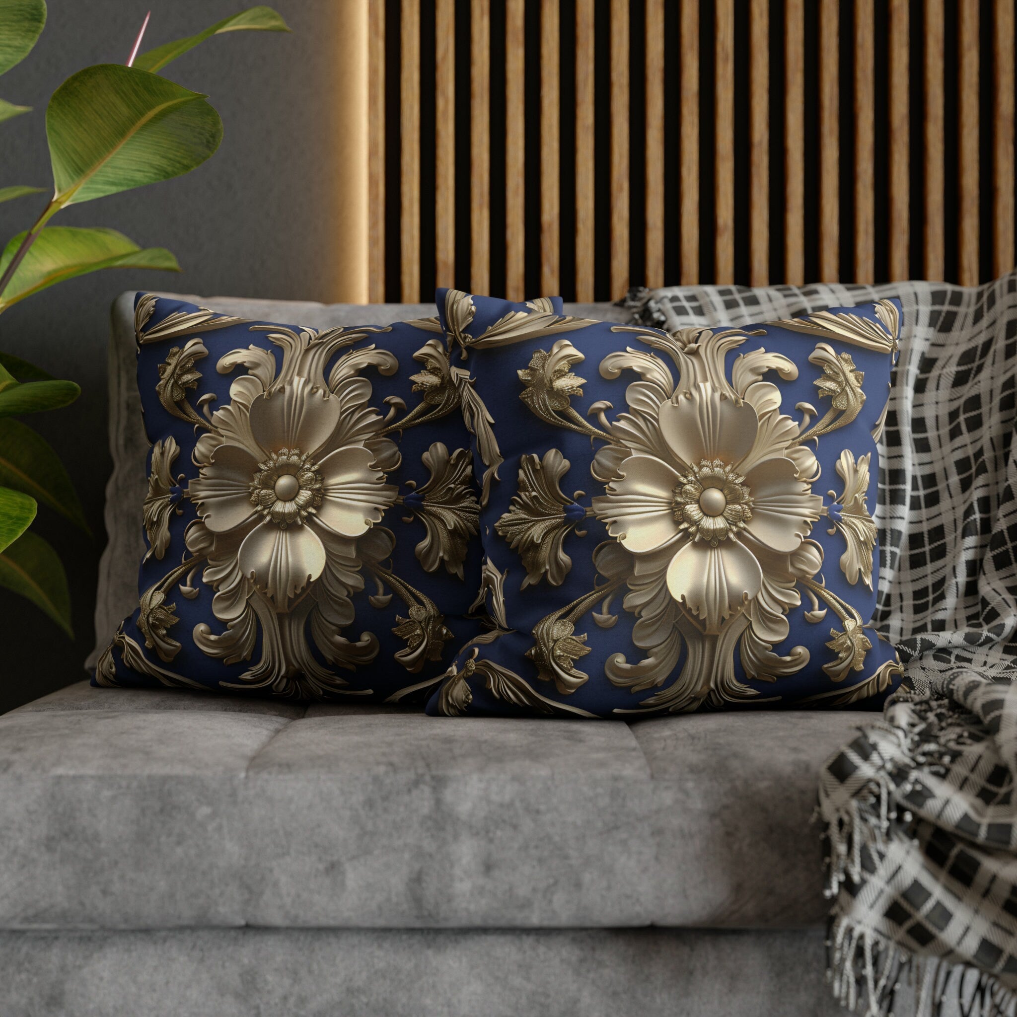 Luxurious Baroque Floral Pillow Cover: Deep Blue with Pale Gold Symmetrical Design