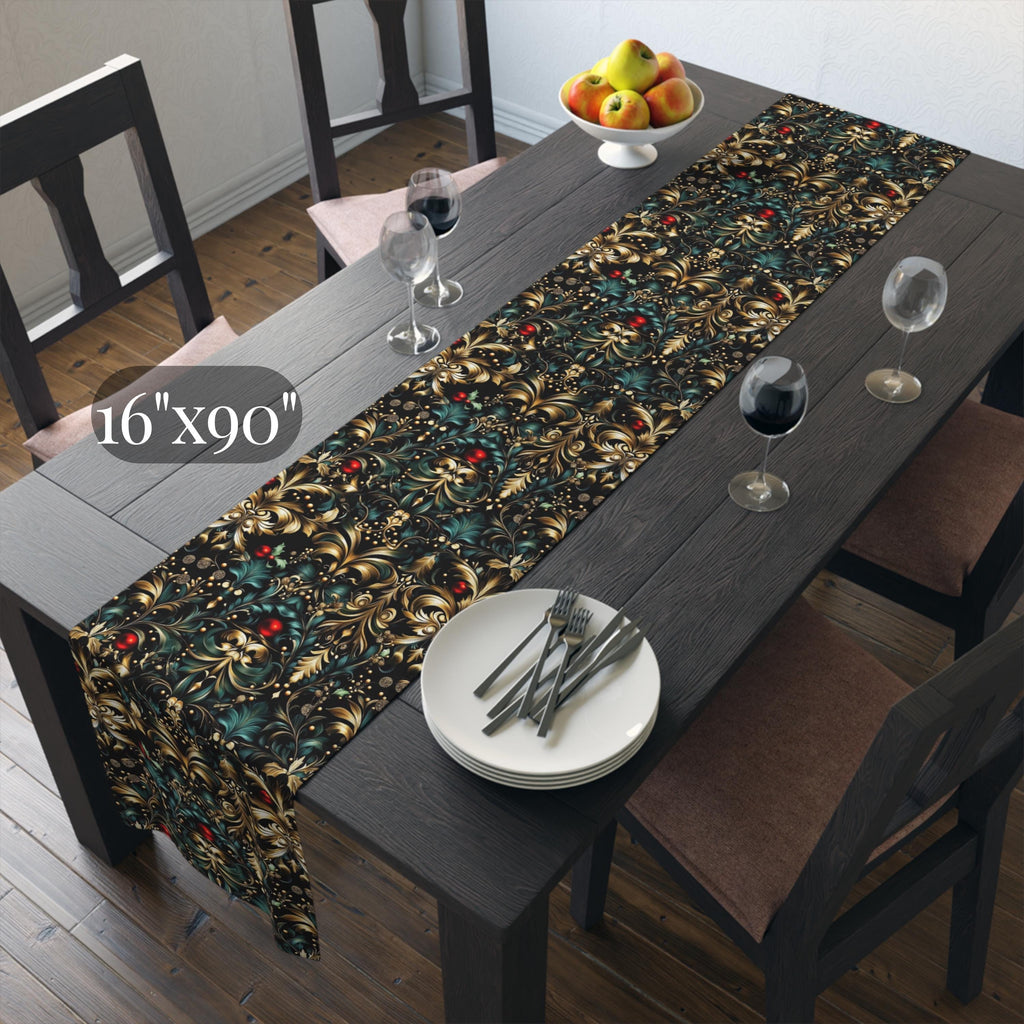 Art Nouveau Christmas Table Runner: Ornate Gold Botanical Holiday Dining Decor
