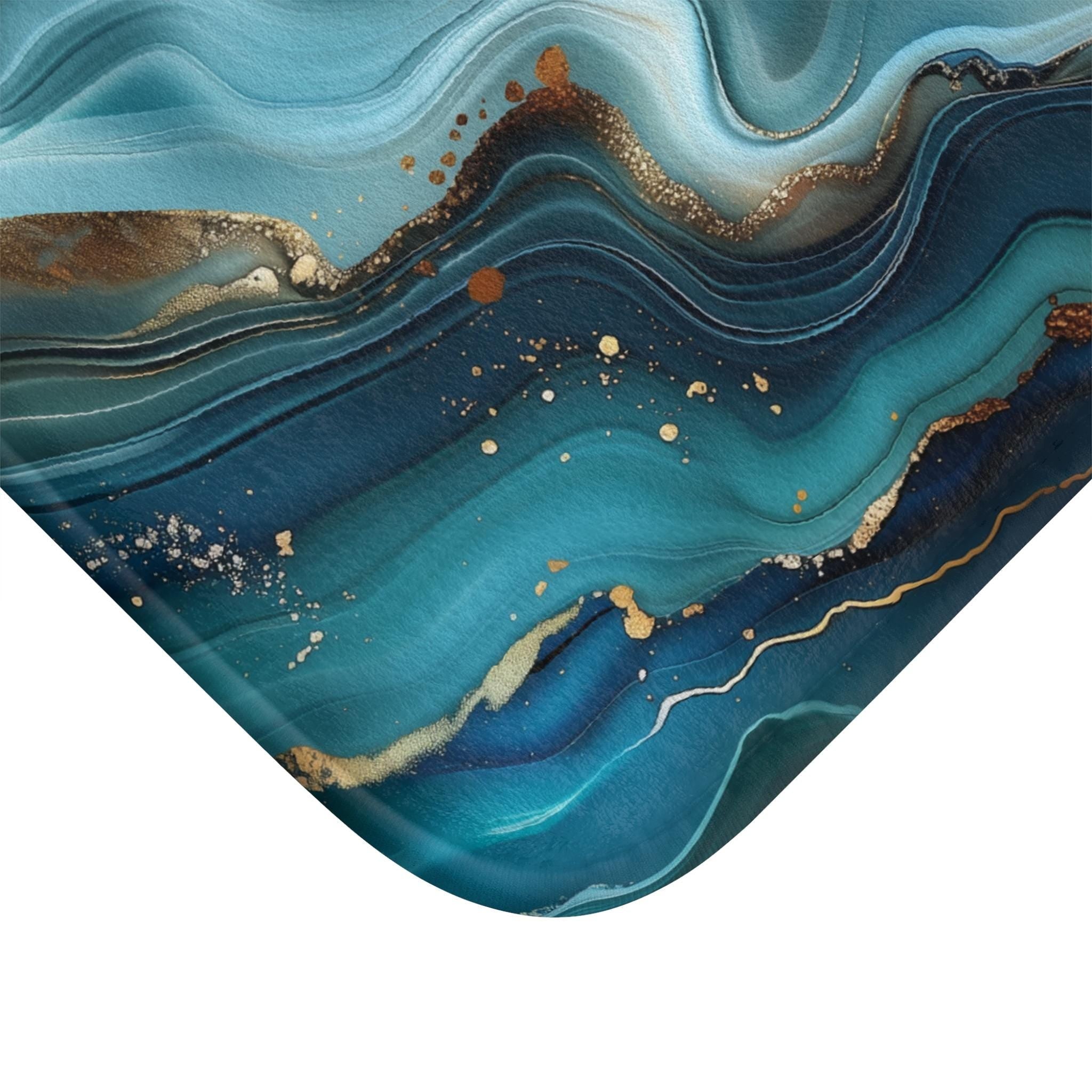 Elegant Teal & Gold Ocean Wave Bath Mat: Abstract Bathroom Decor, Luxury Spa Floor Accent