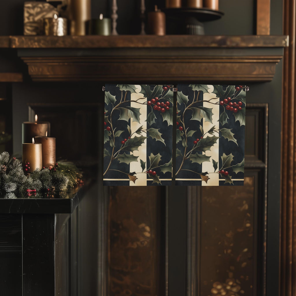 Holly & Stripes Christmas Tea Towel, Elegant Green Red Kitchen Decor