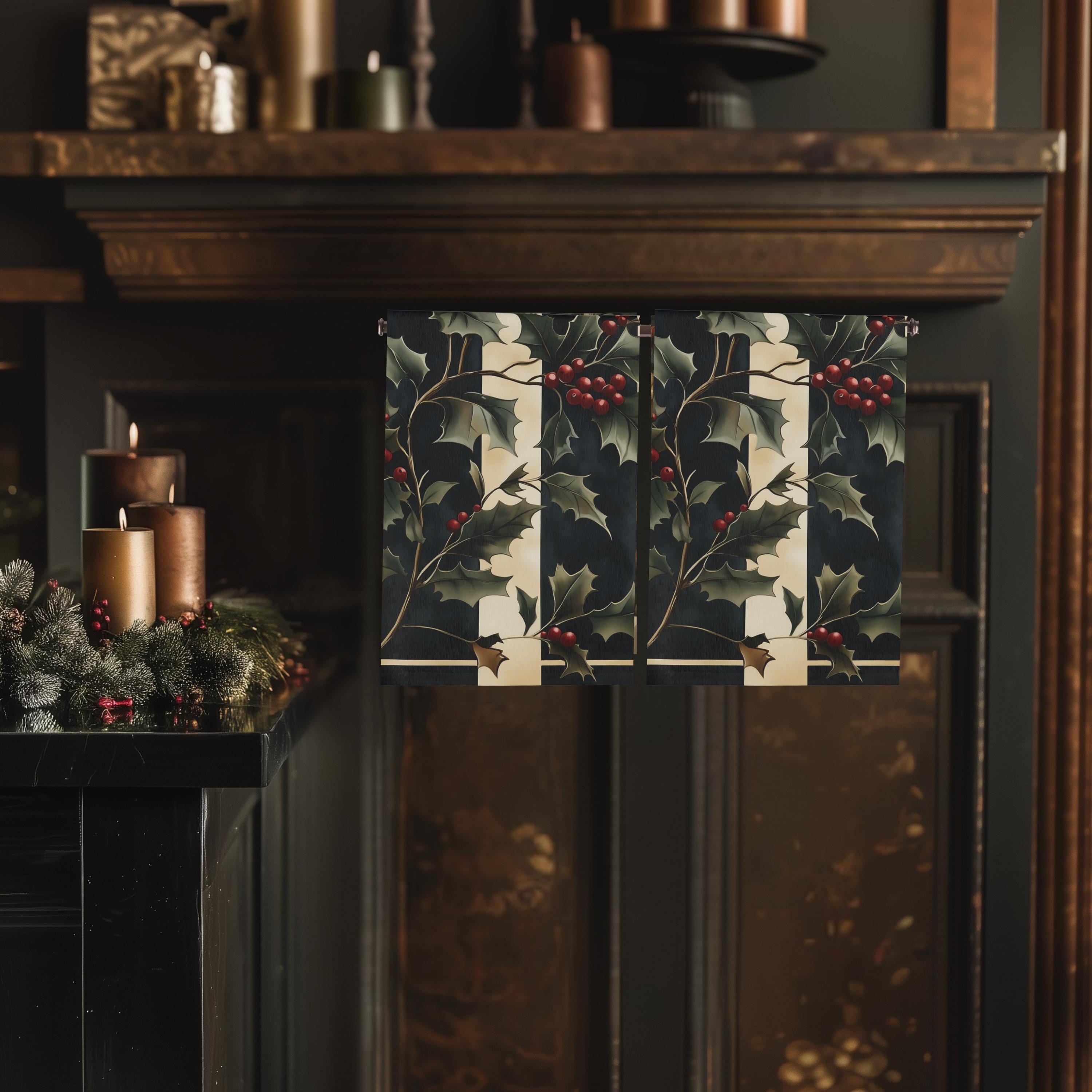 Holly & Stripes Christmas Tea Towel, Elegant Green Red Kitchen Decor