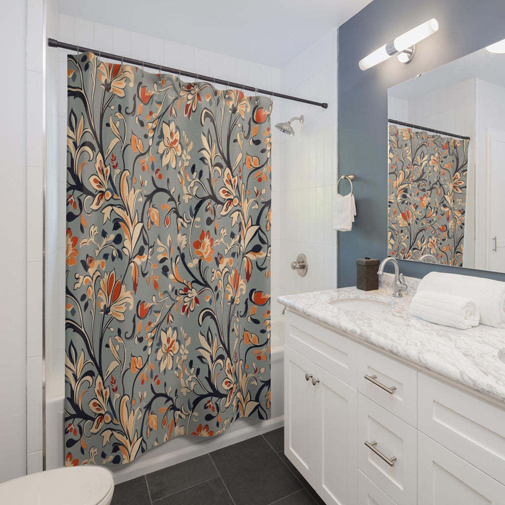 Vintage-Inspired Floral Shower Curtain: Warm Autumn Botanicals on Dusty Blue Background