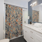 Vintage-Inspired Floral Shower Curtain: Warm Autumn Botanicals on Dusty Blue Background