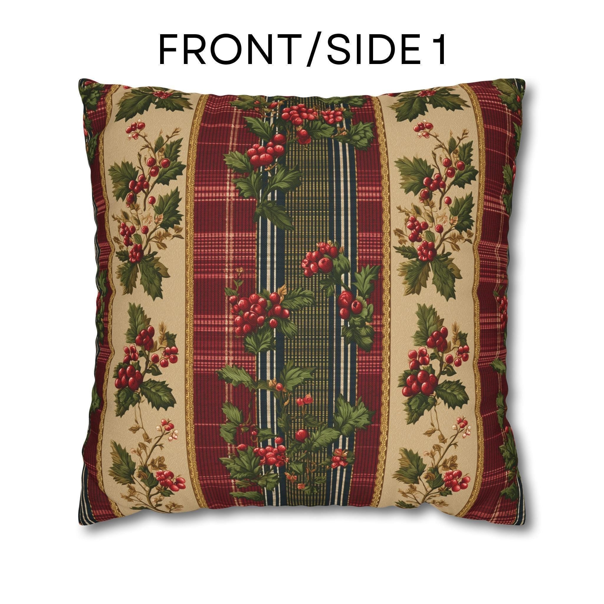 Christmas Pillow Cover: Classic Vintage Style Holly & Tartan Plaid in Red Green and Cream