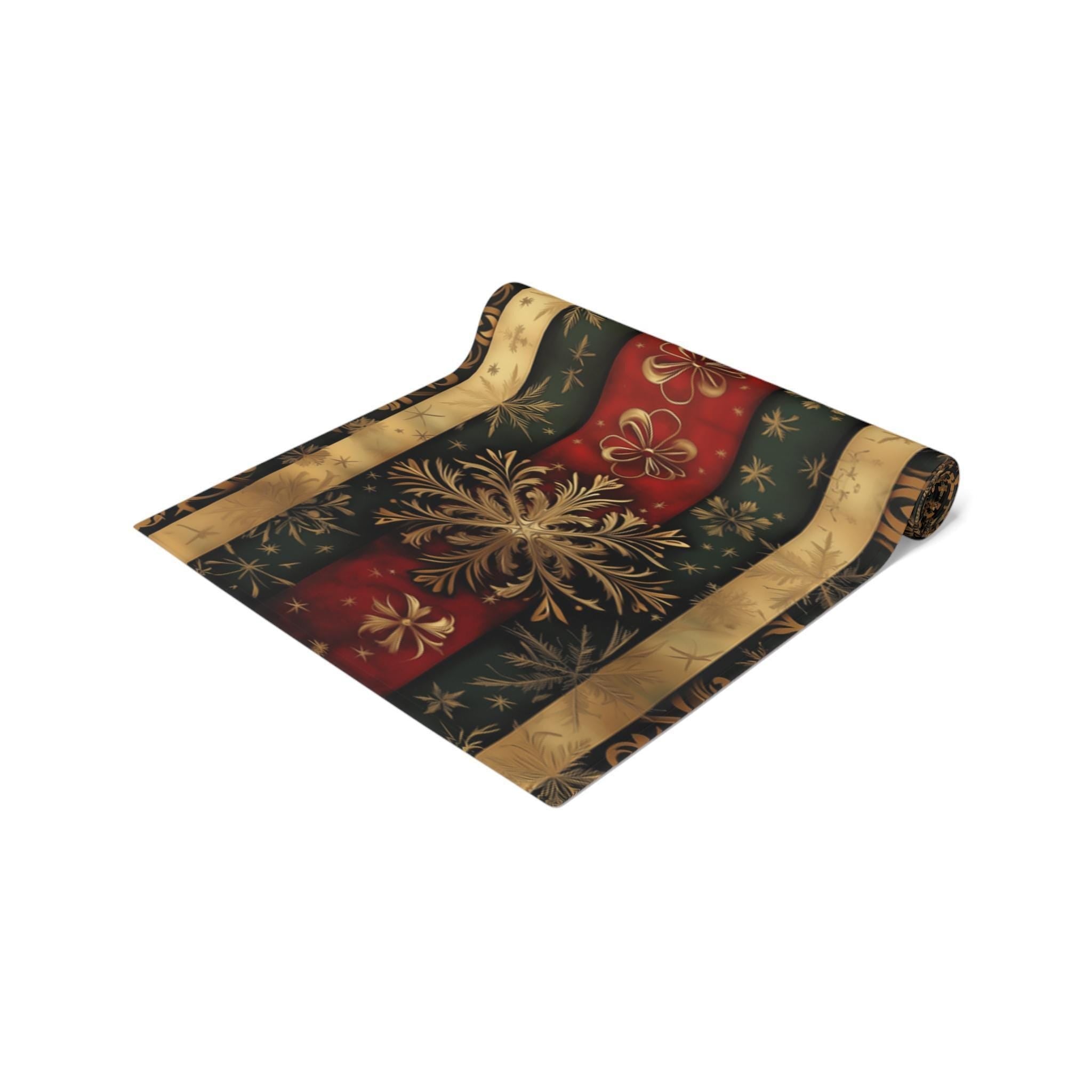Vintage-Inspired Christmas Table Runner: Red, Gold & Green Snowflake Design for Elegant Holiday Decor