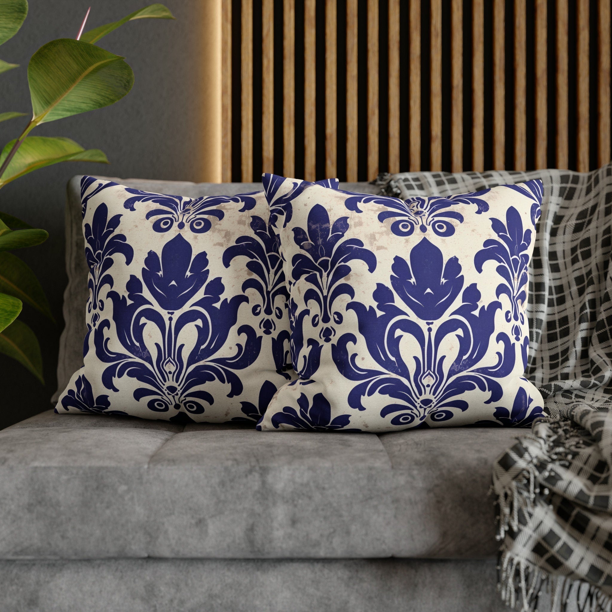 Art Nouveau Pillow Cover: Deep Blue Floral Design Statement Piece